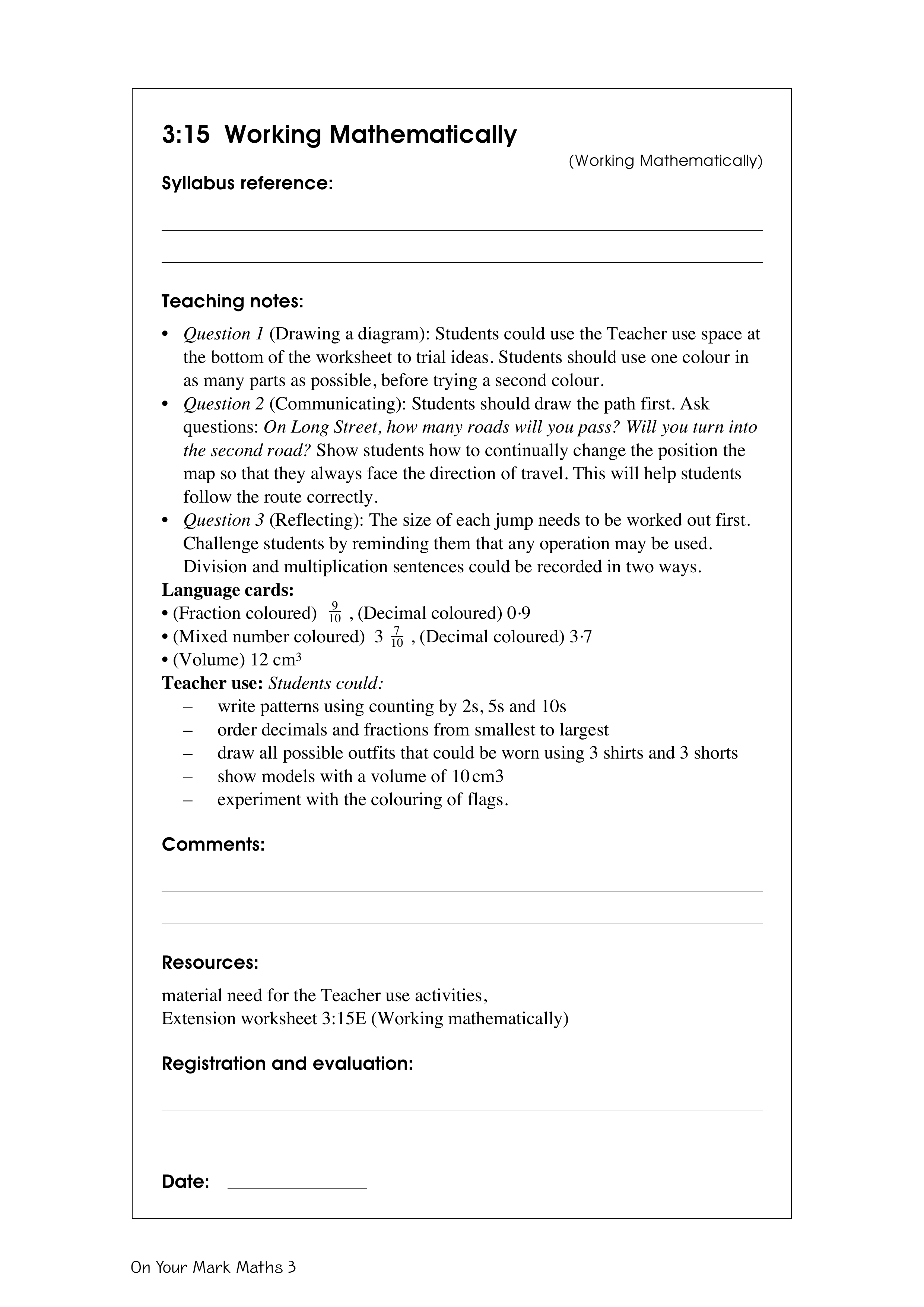 Working mathematically — worksheet preview
