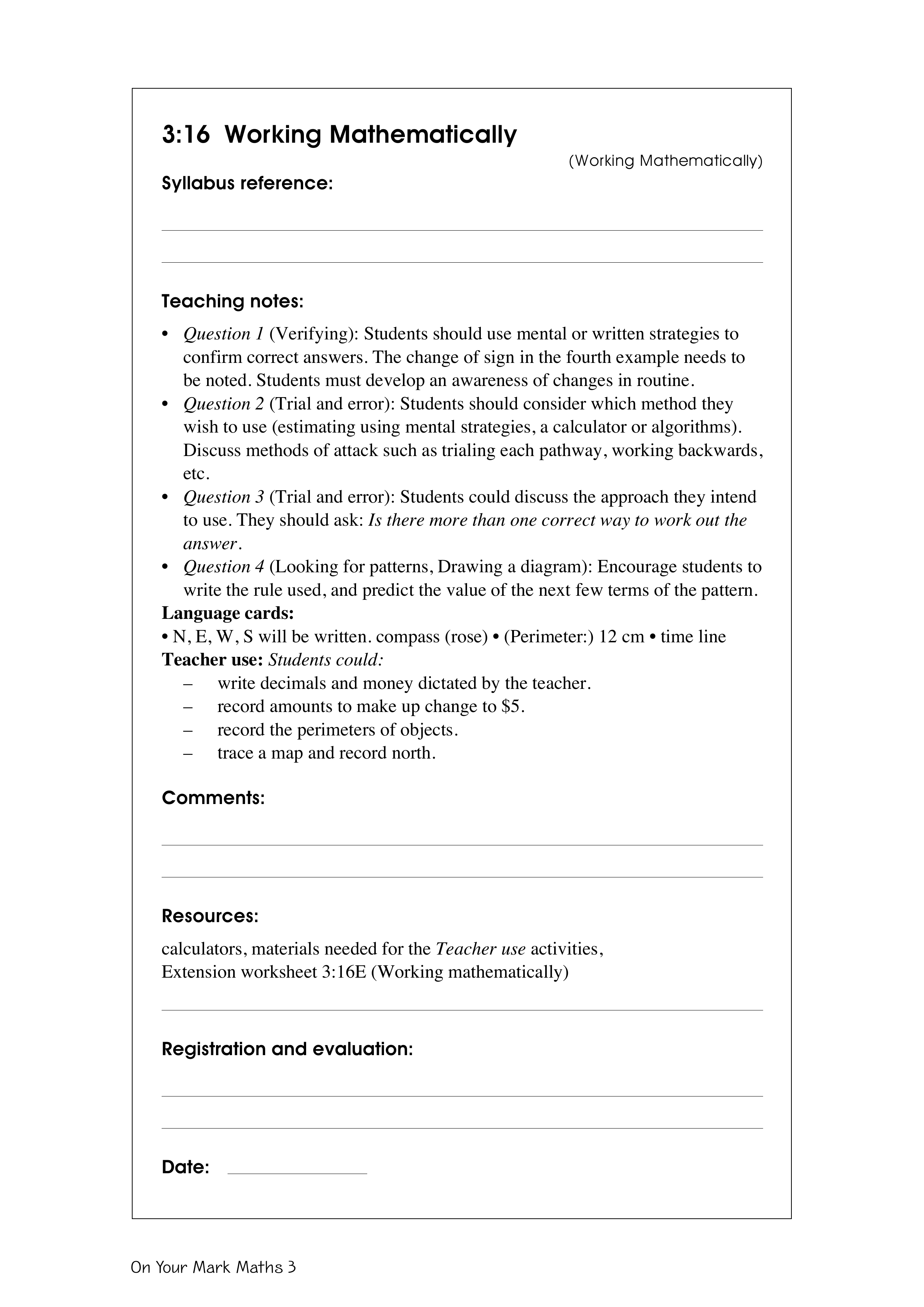 Working mathematically — worksheet preview