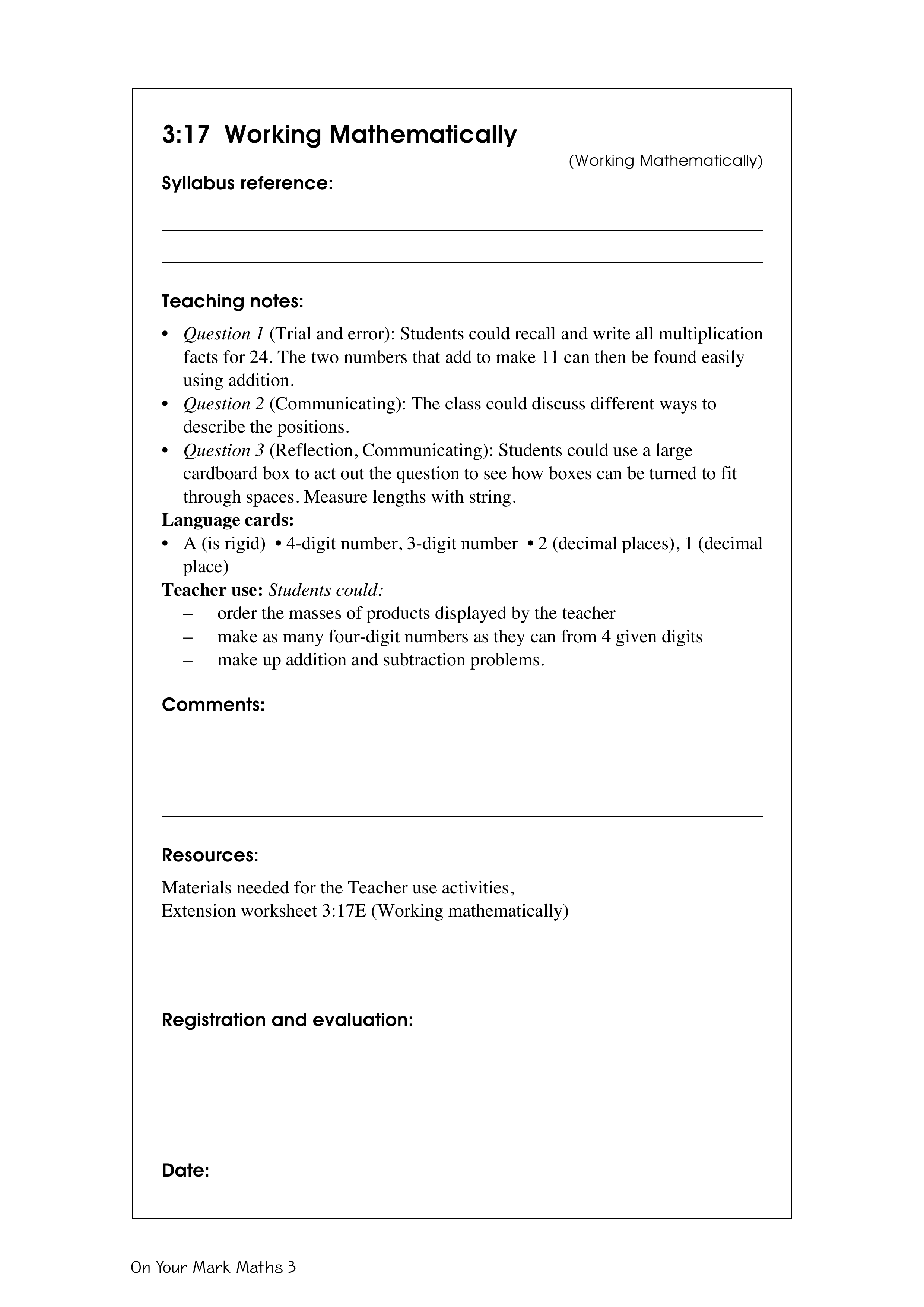 Working mathematically — worksheet preview