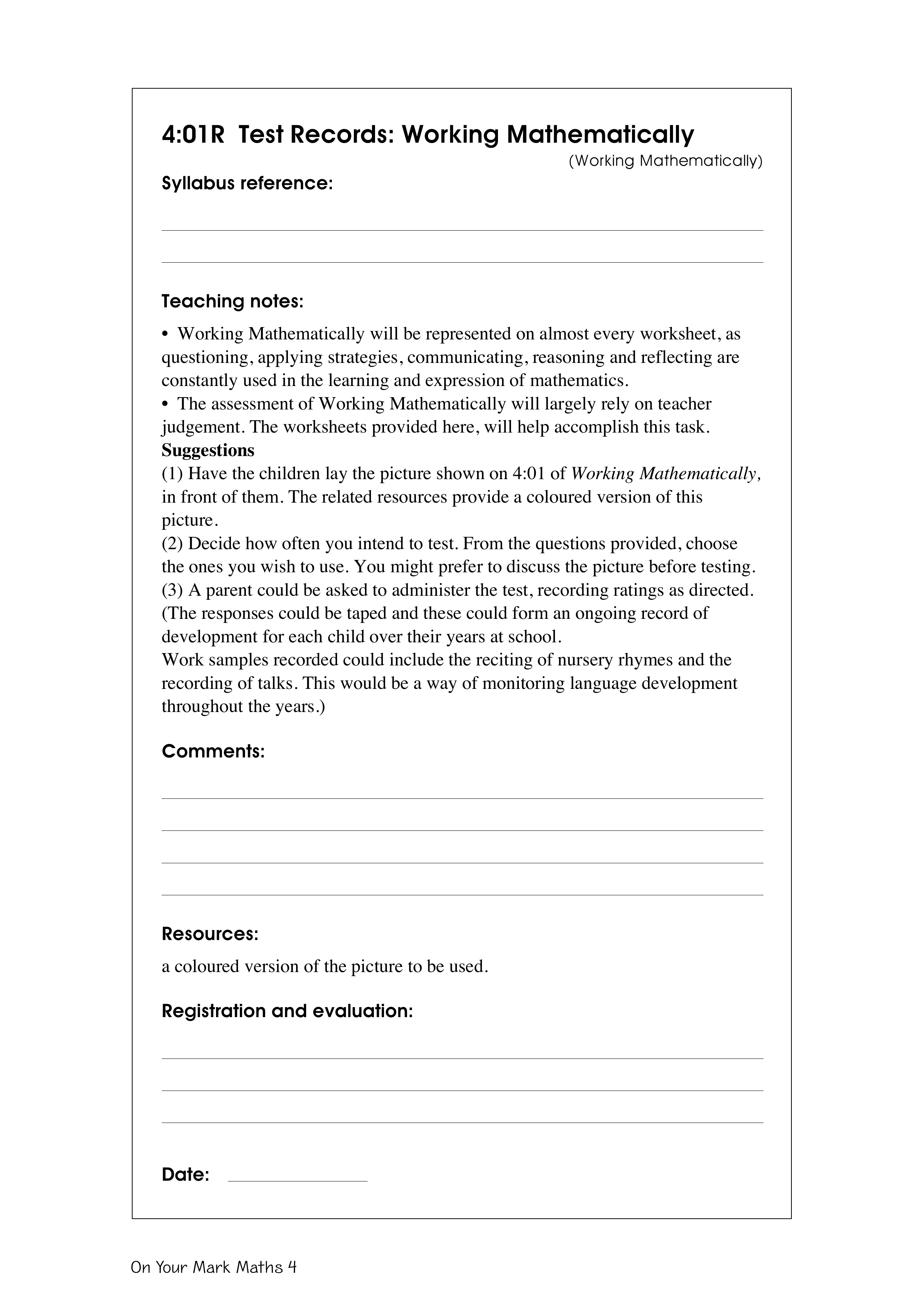 Test records: Working mathematically — worksheet preview