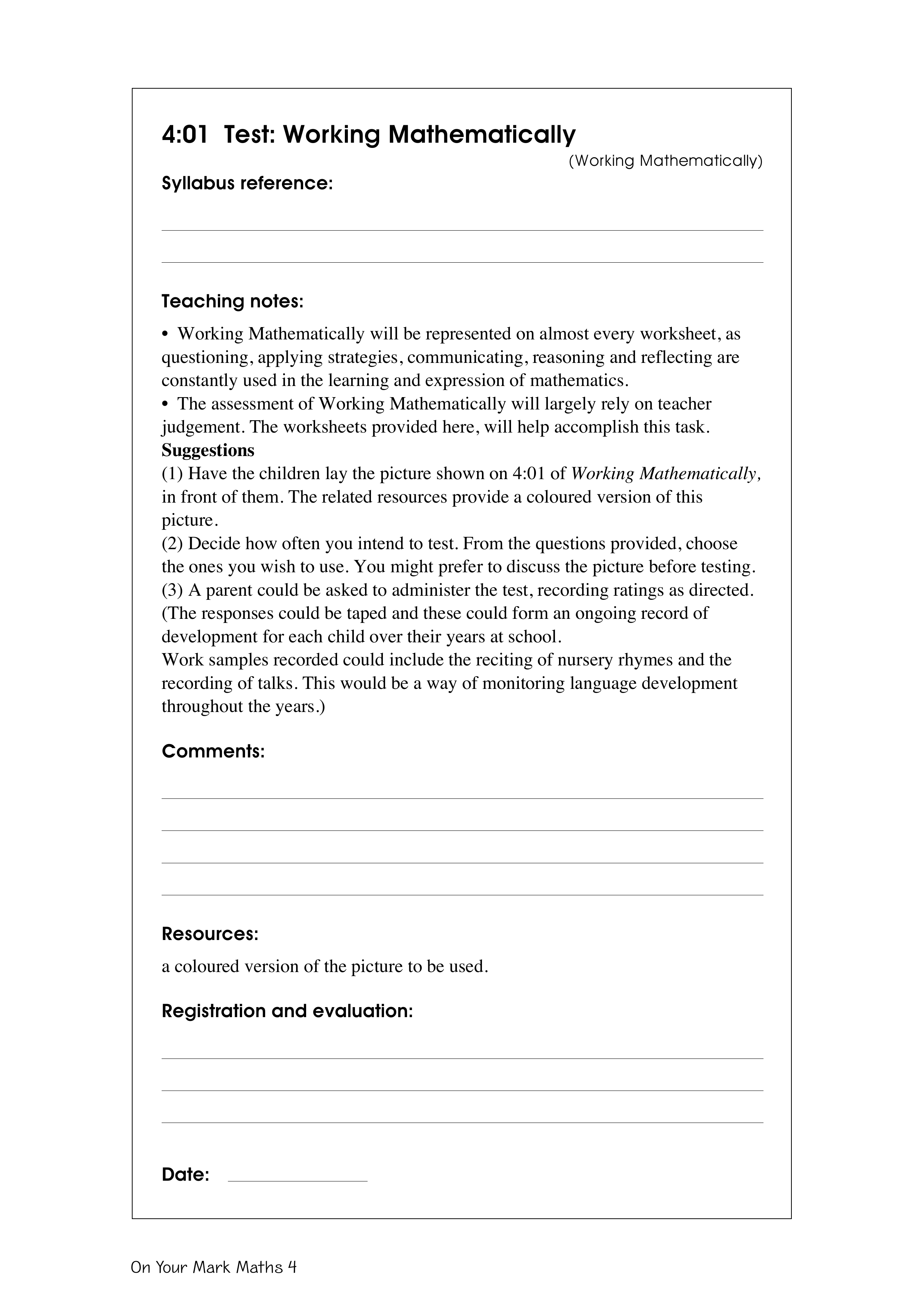 Test: Working mathematically — worksheet preview