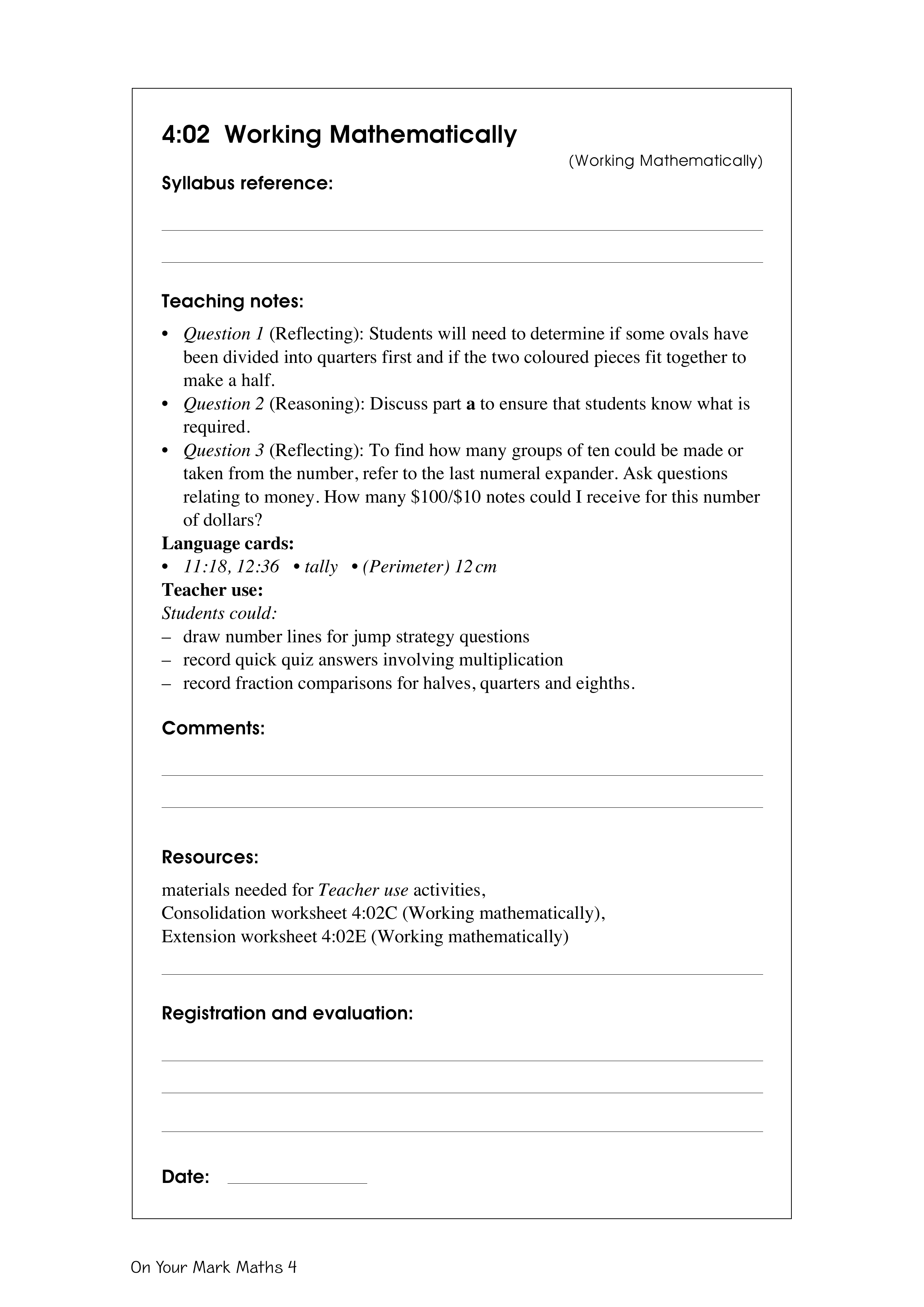 Working mathematically — worksheet preview