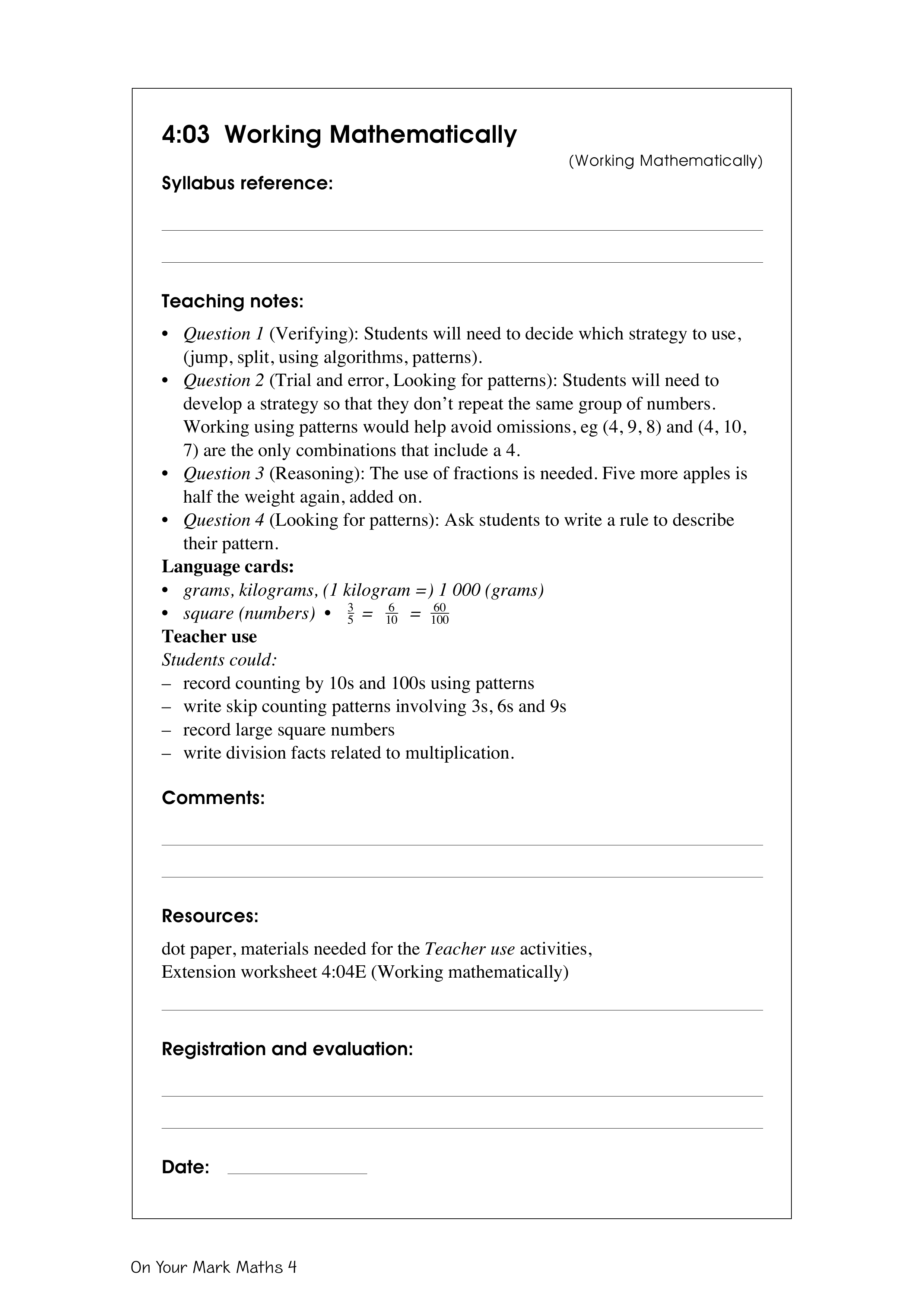 Working mathematically — worksheet preview