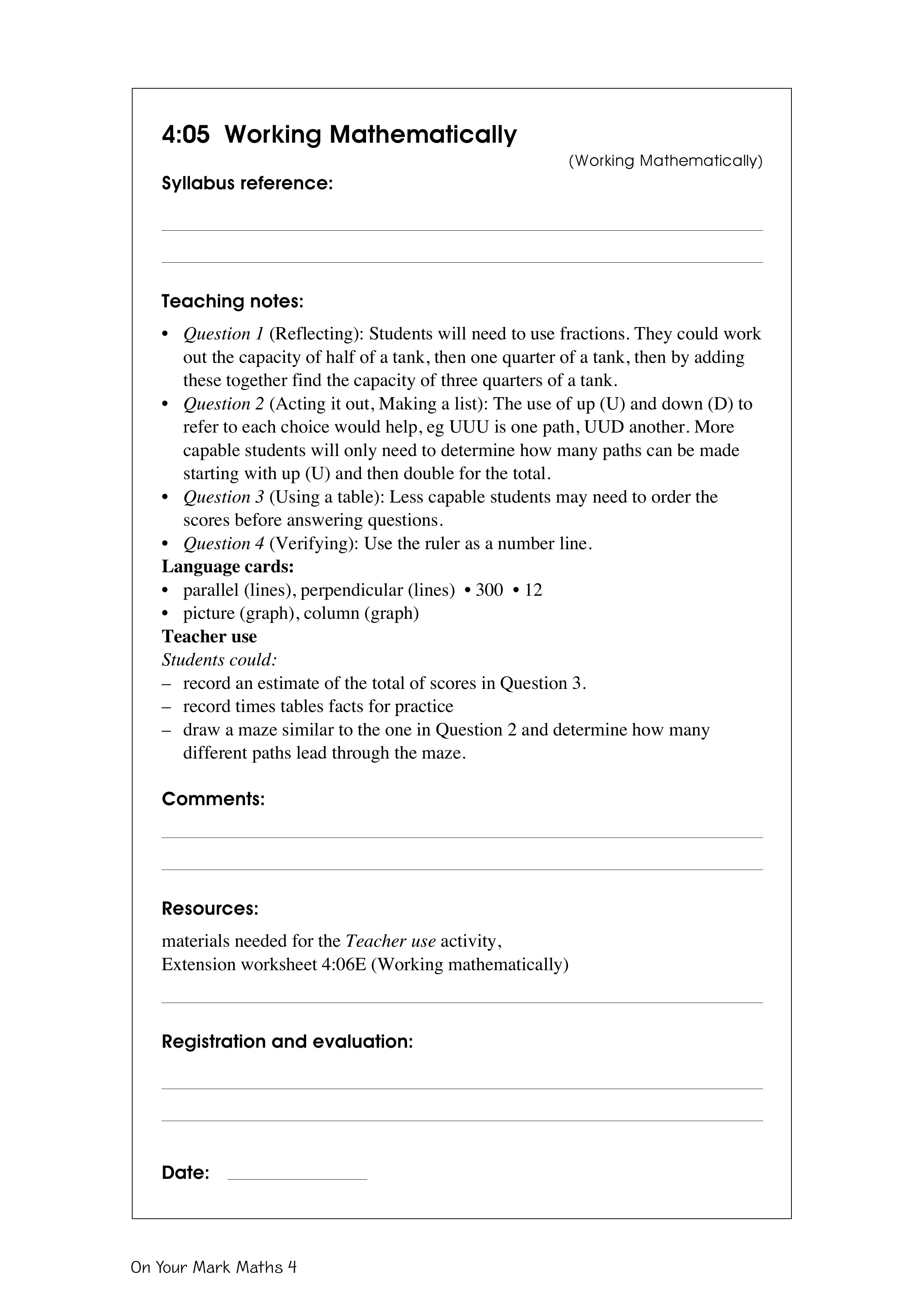 Working mathematically — worksheet preview