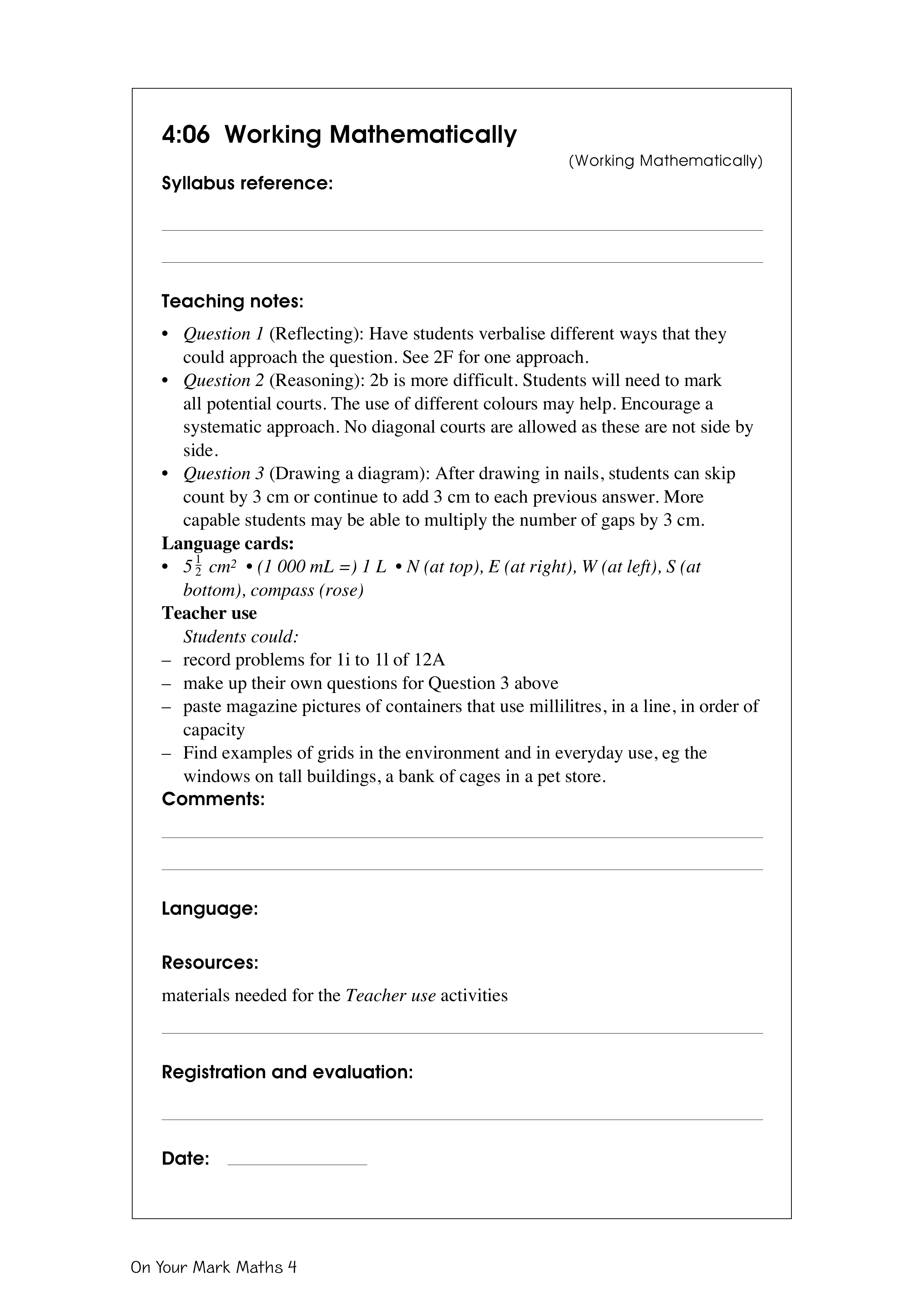 Working mathematically — worksheet preview