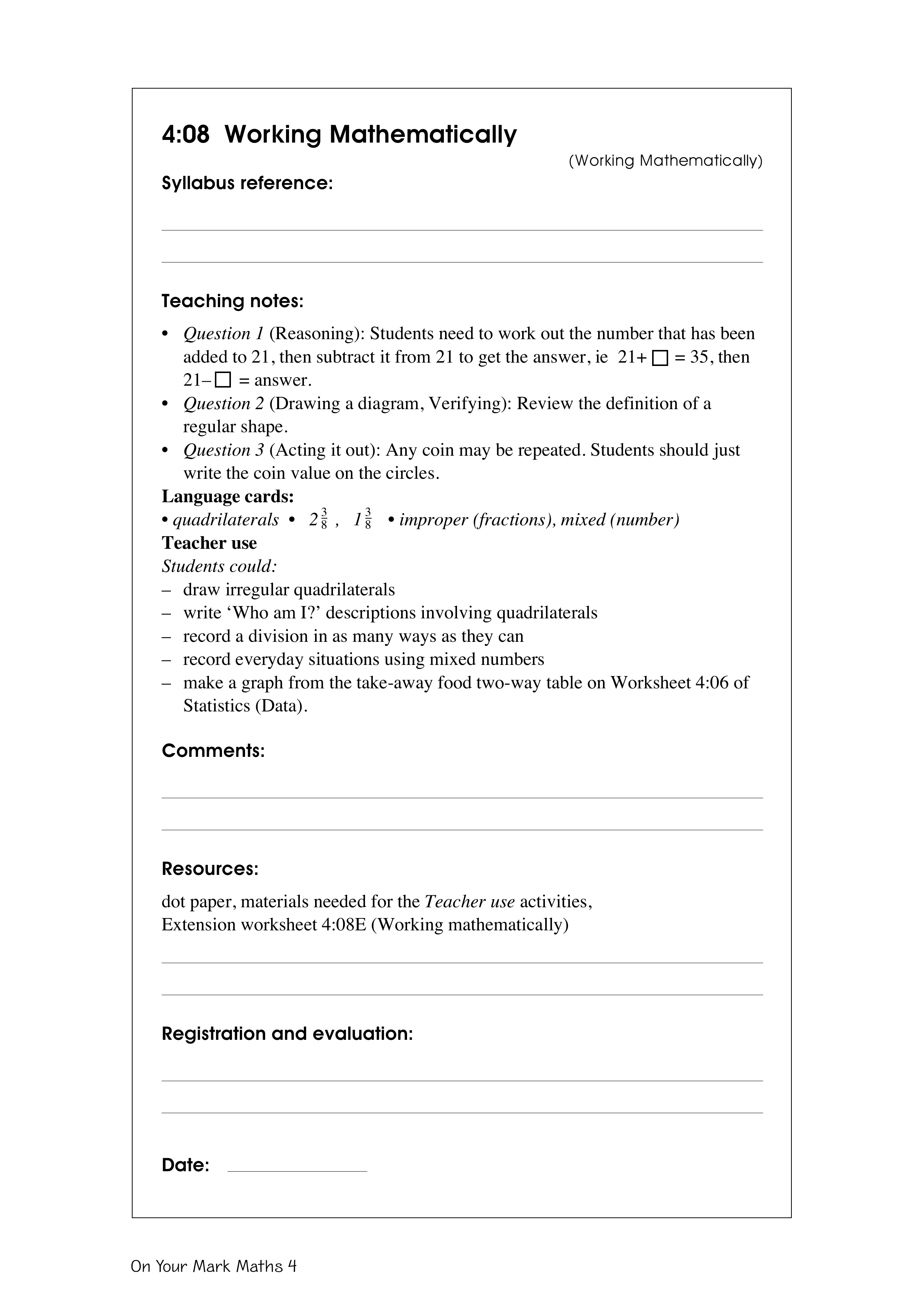 Working mathematically — worksheet preview