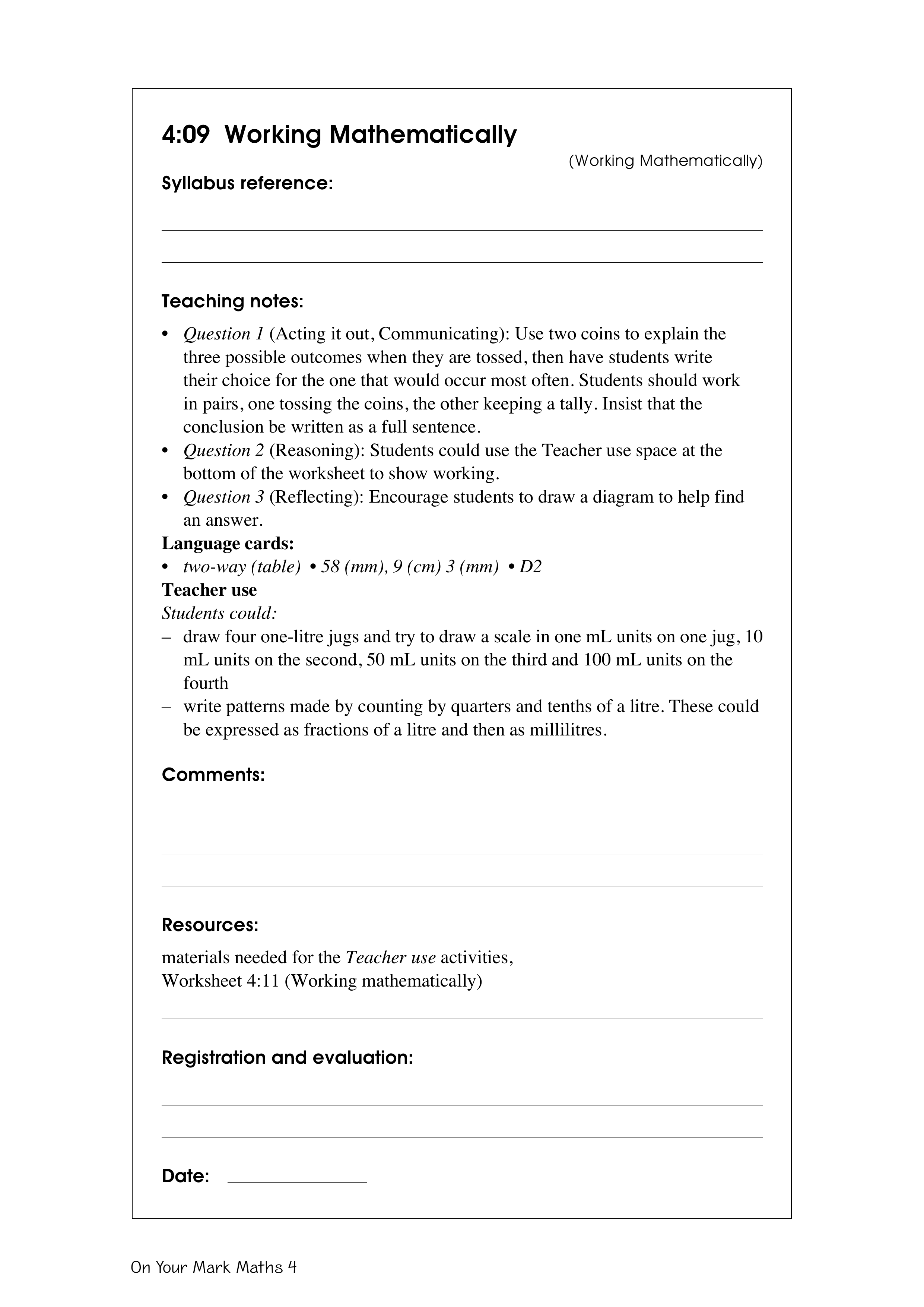 Working mathematically — worksheet preview