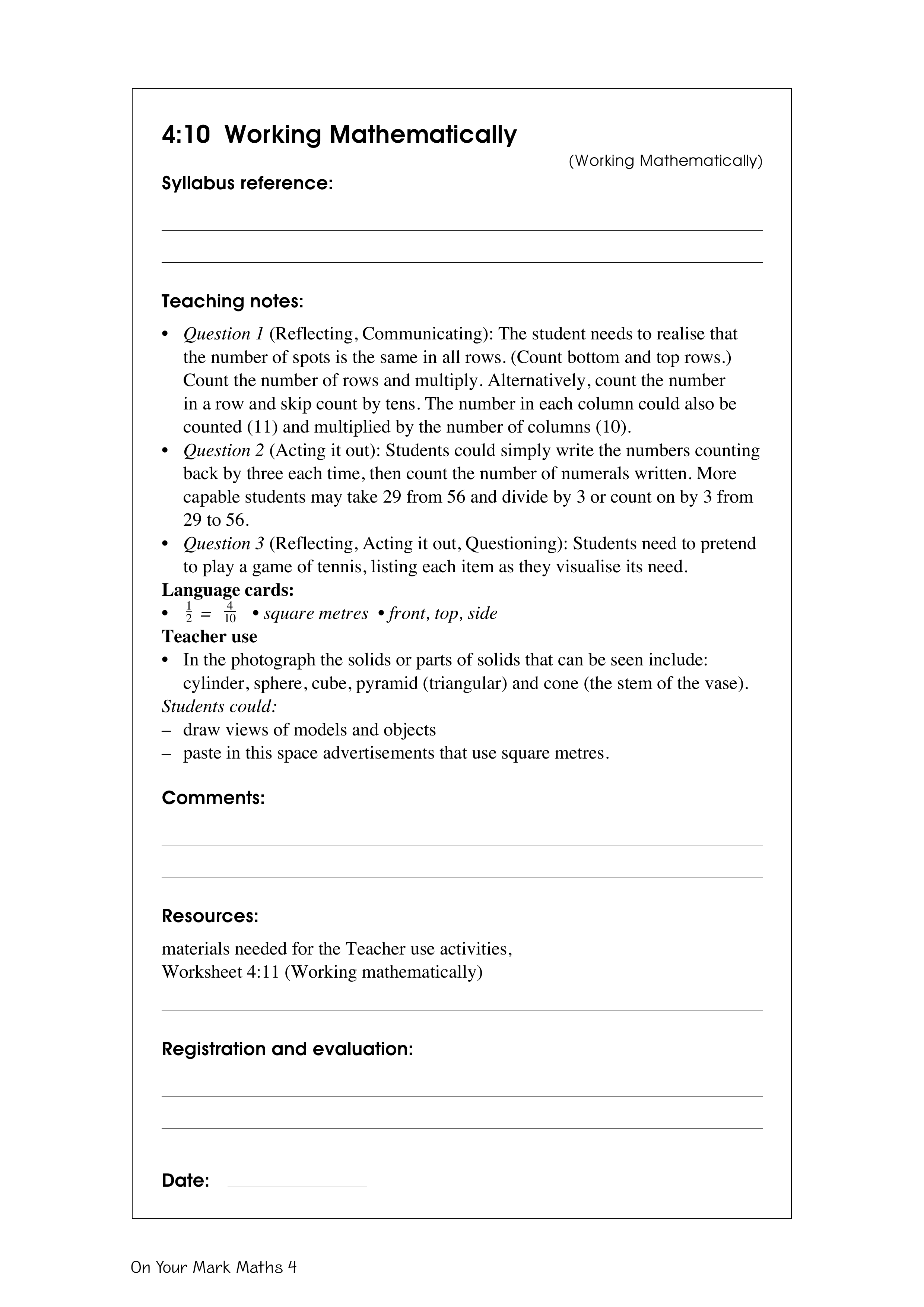 Working mathematically — worksheet preview
