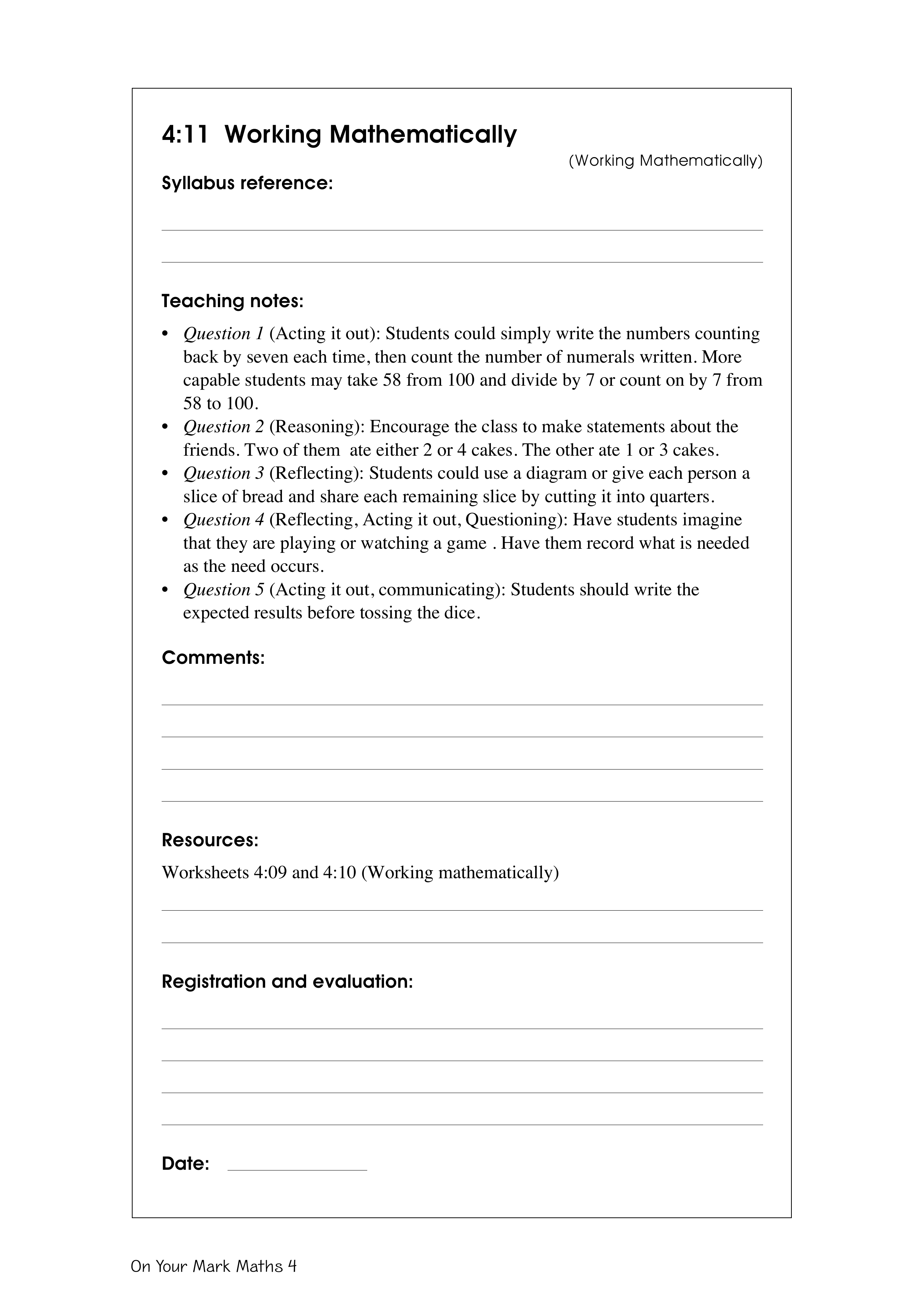 Working mathematically — worksheet preview