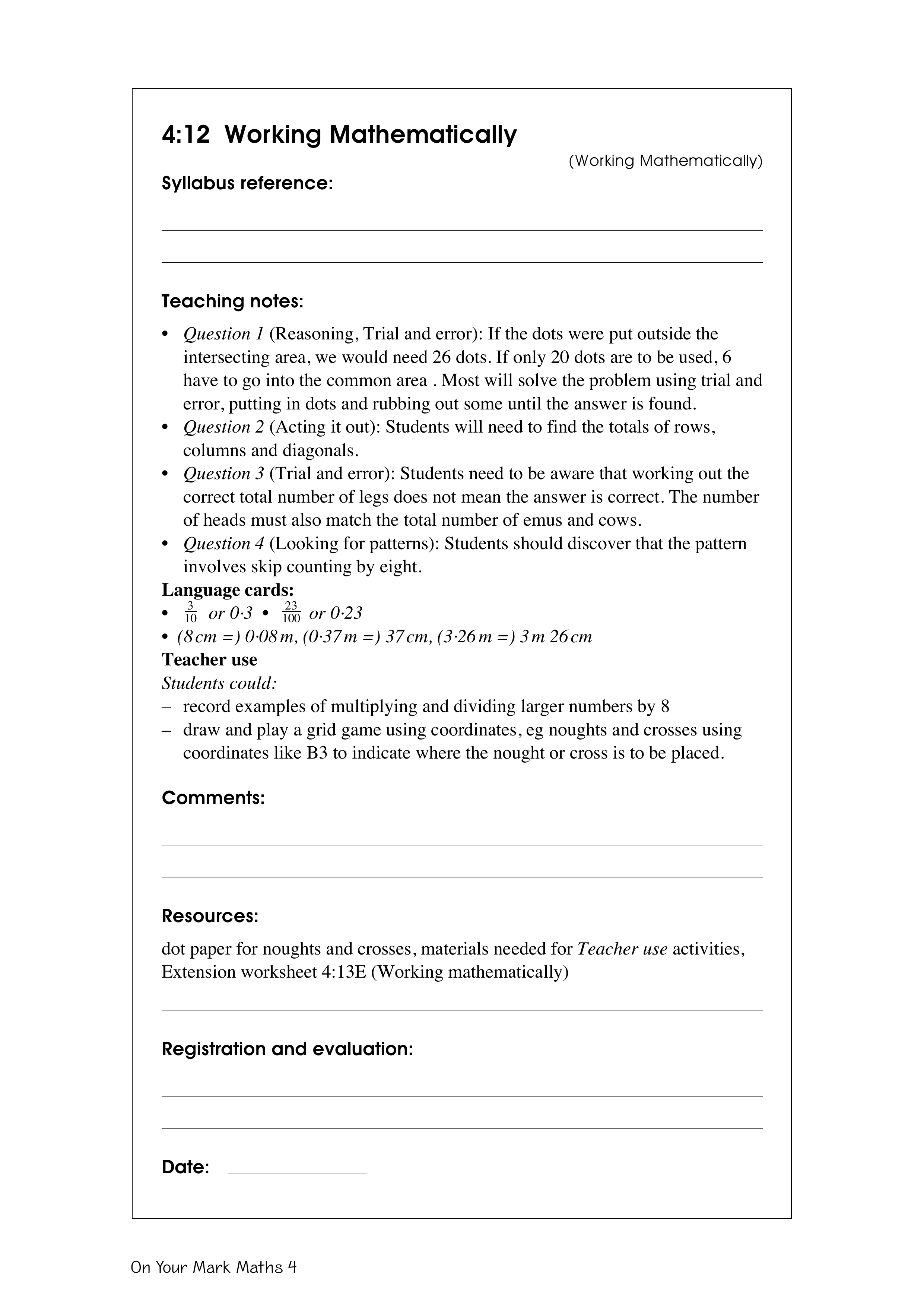 Working mathematically — worksheet preview