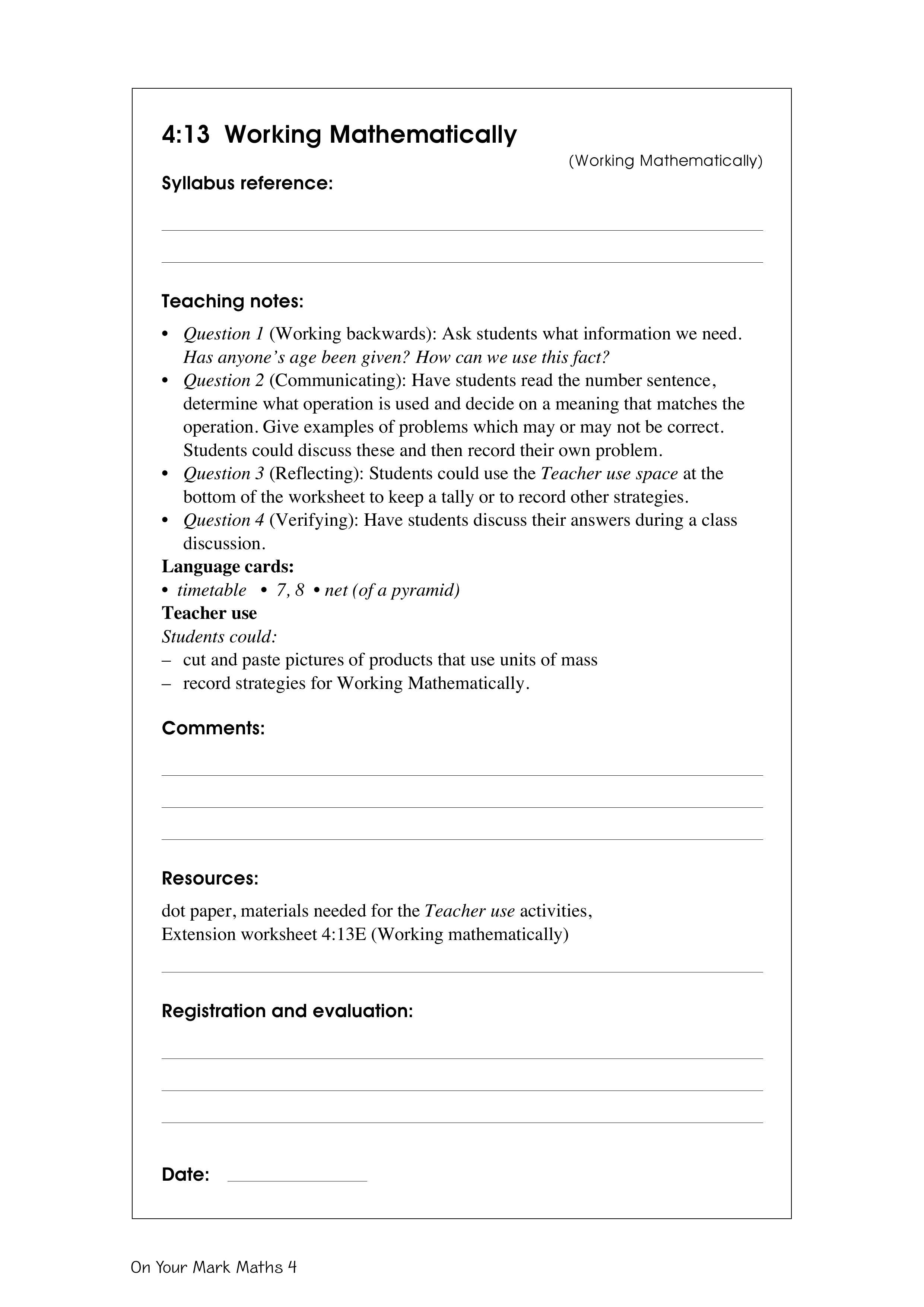 Working mathematically — worksheet preview