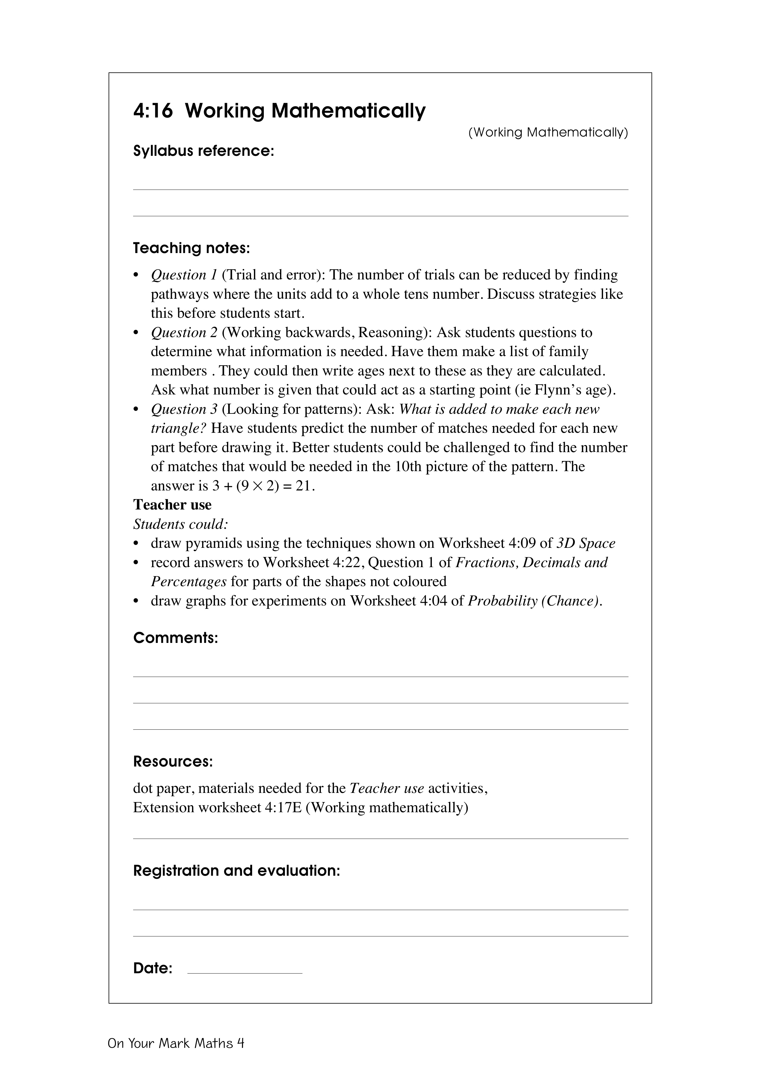 Working mathematically — worksheet preview