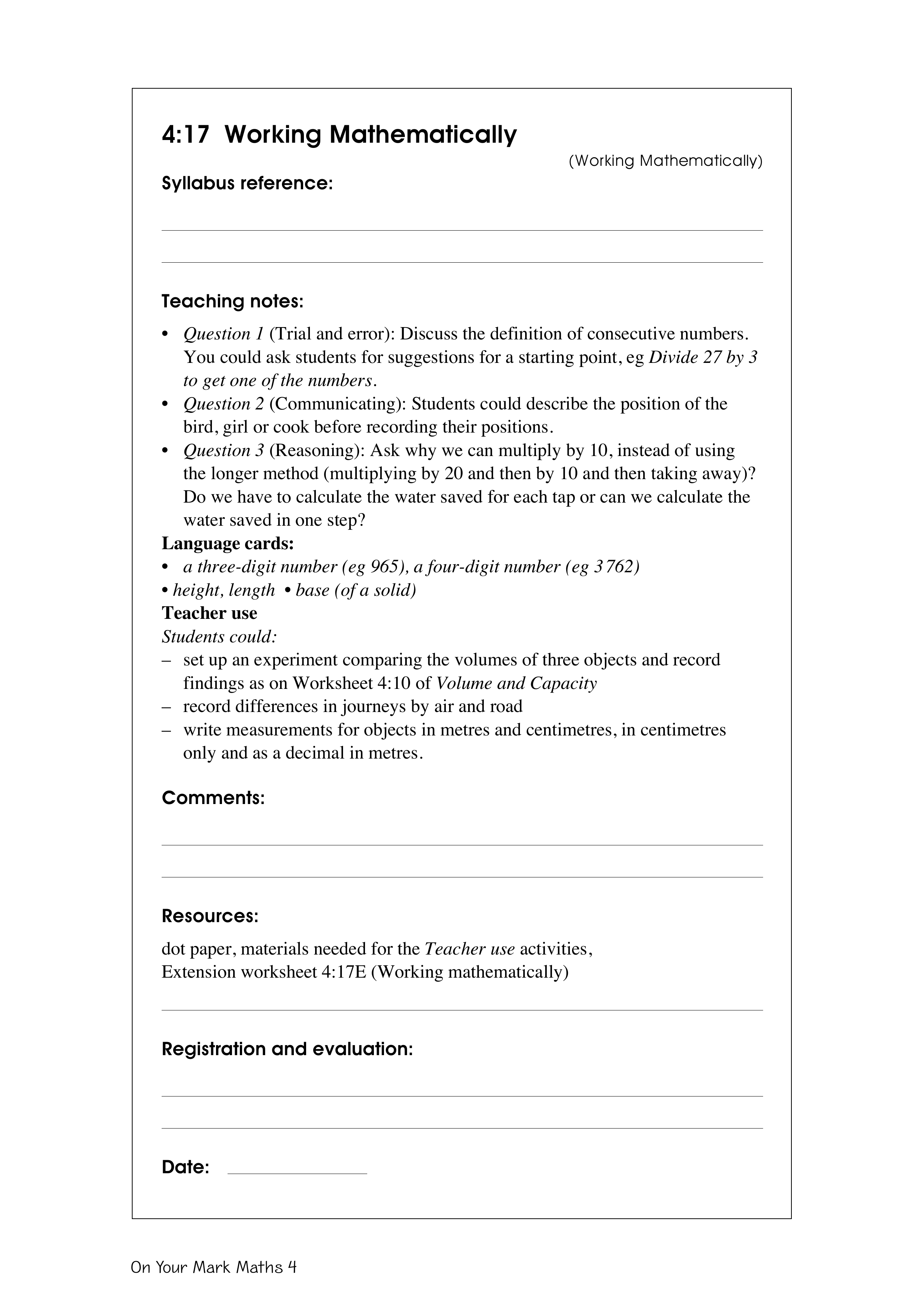 Working mathematically — worksheet preview