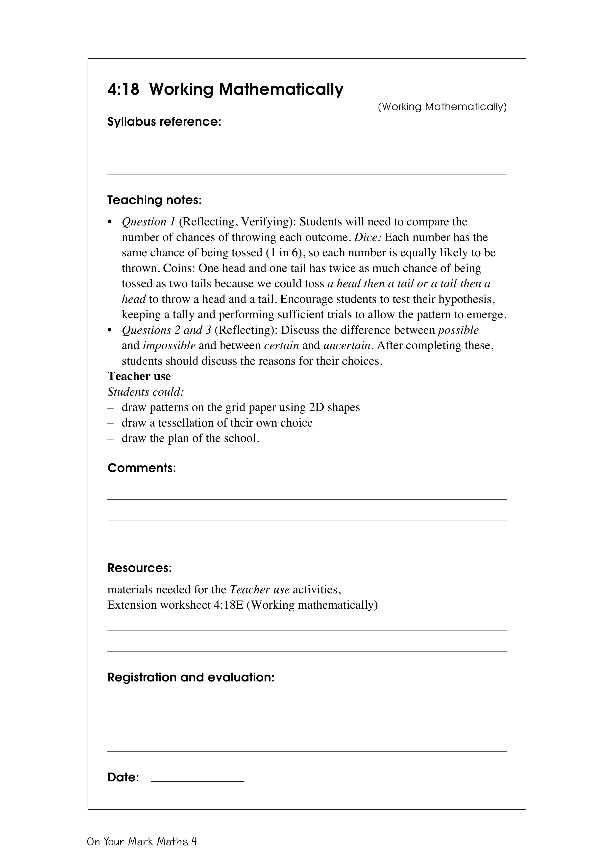Working mathematically — worksheet preview