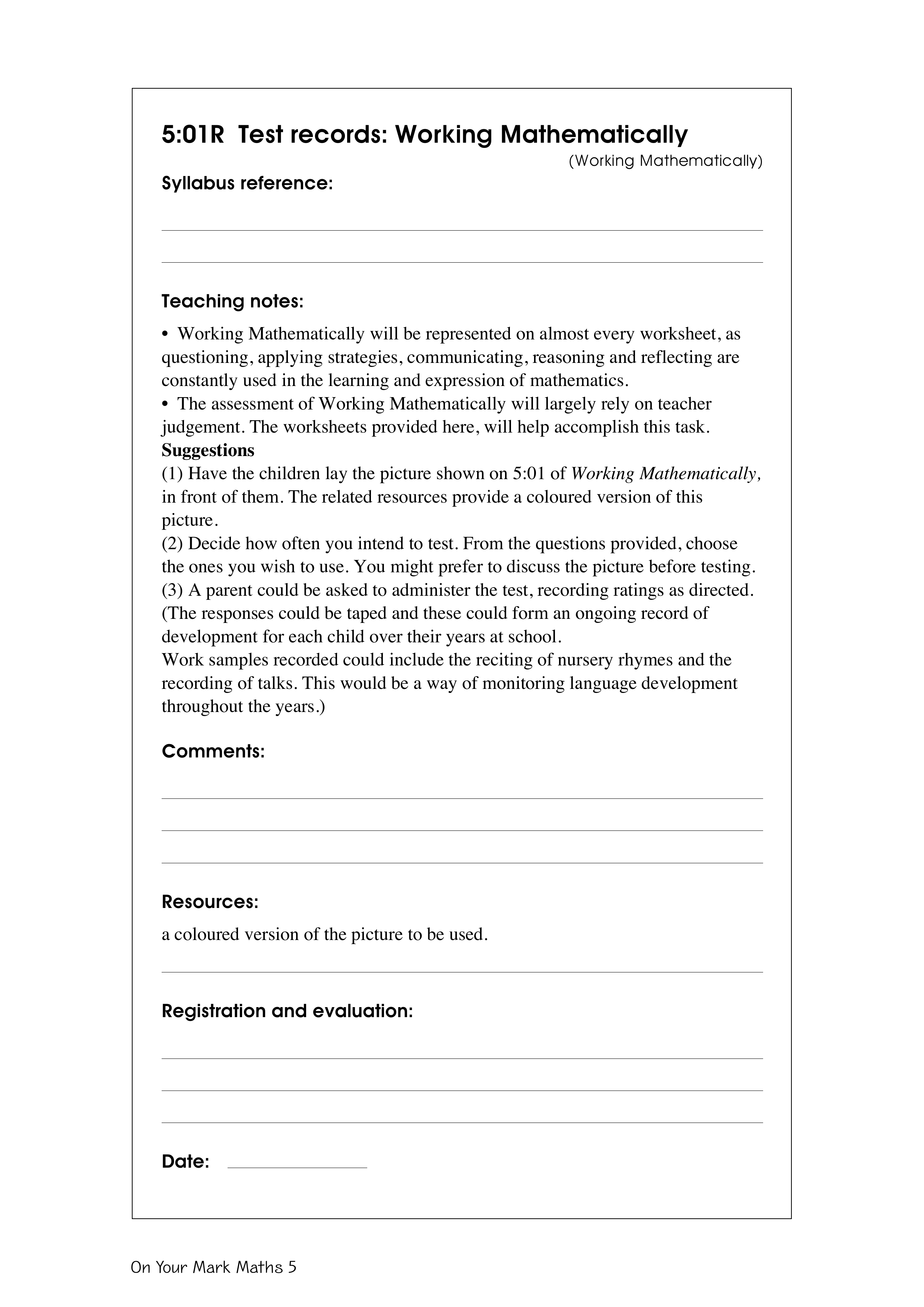 Test records: Working mathematically — worksheet preview