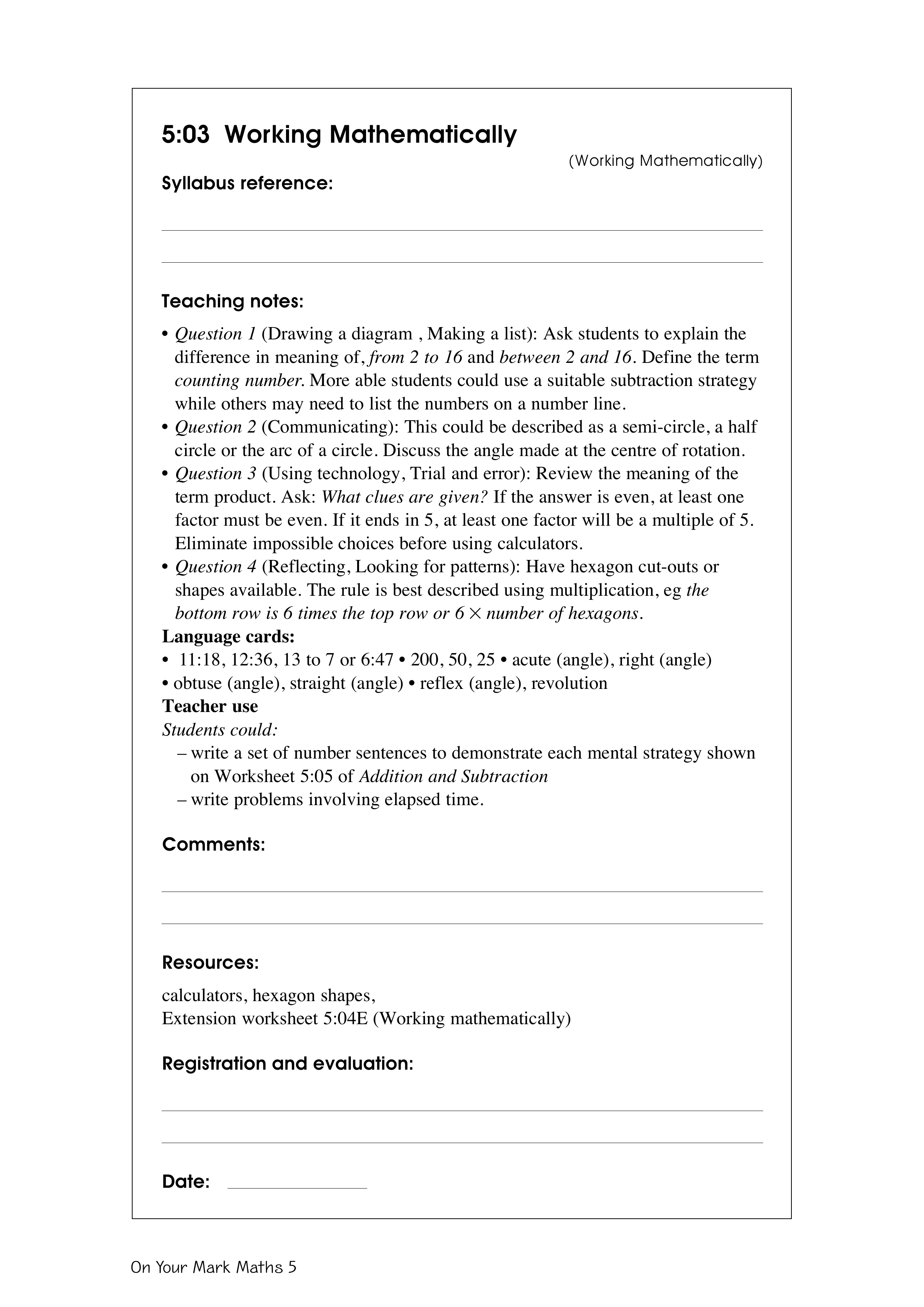 Working mathematically — worksheet preview