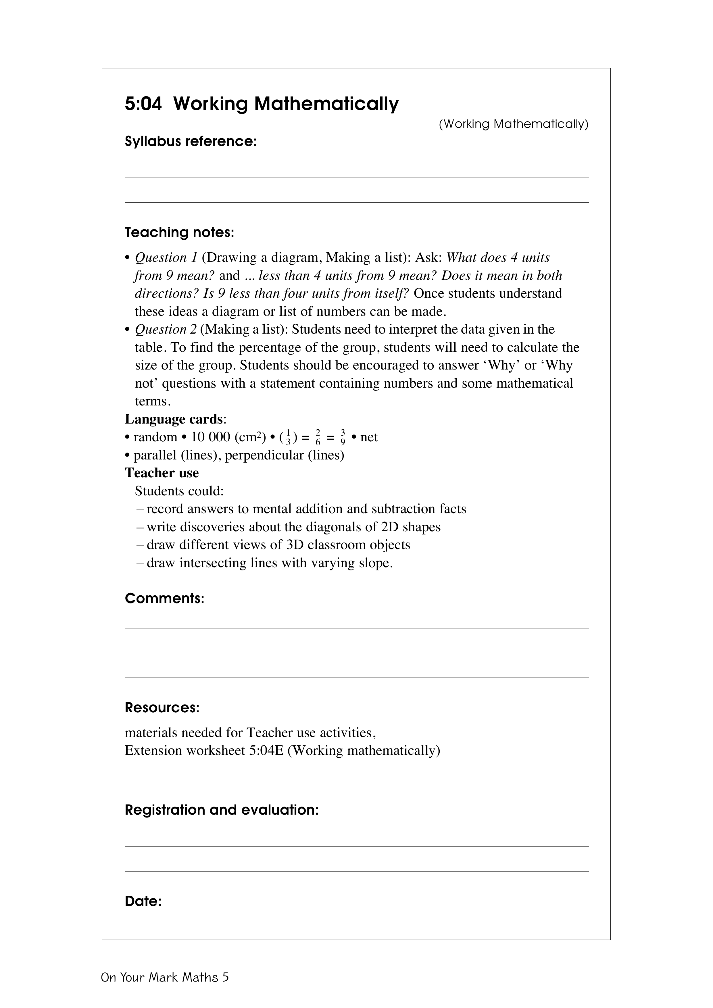Working mathematically — worksheet preview