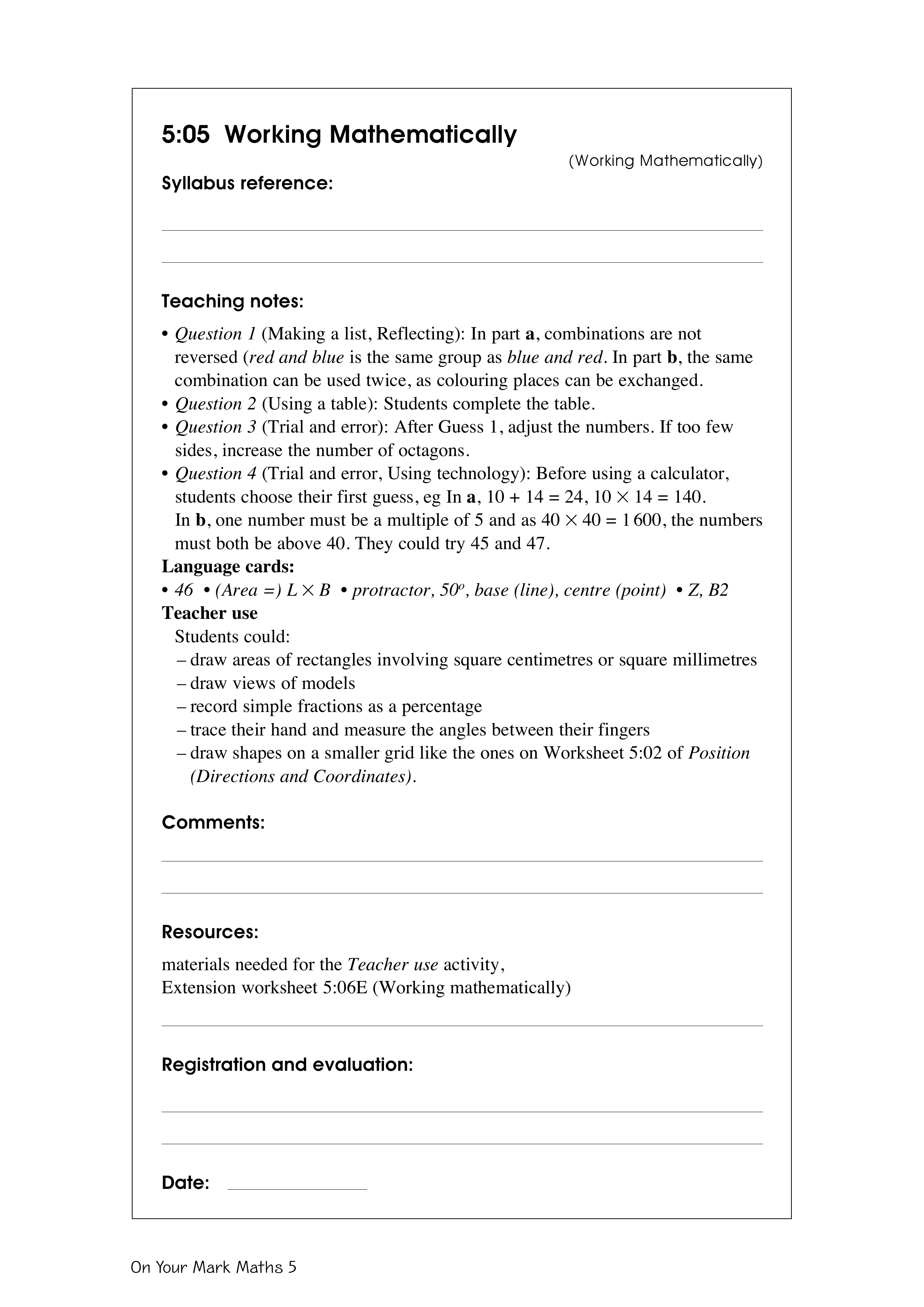 Working mathematically — worksheet preview