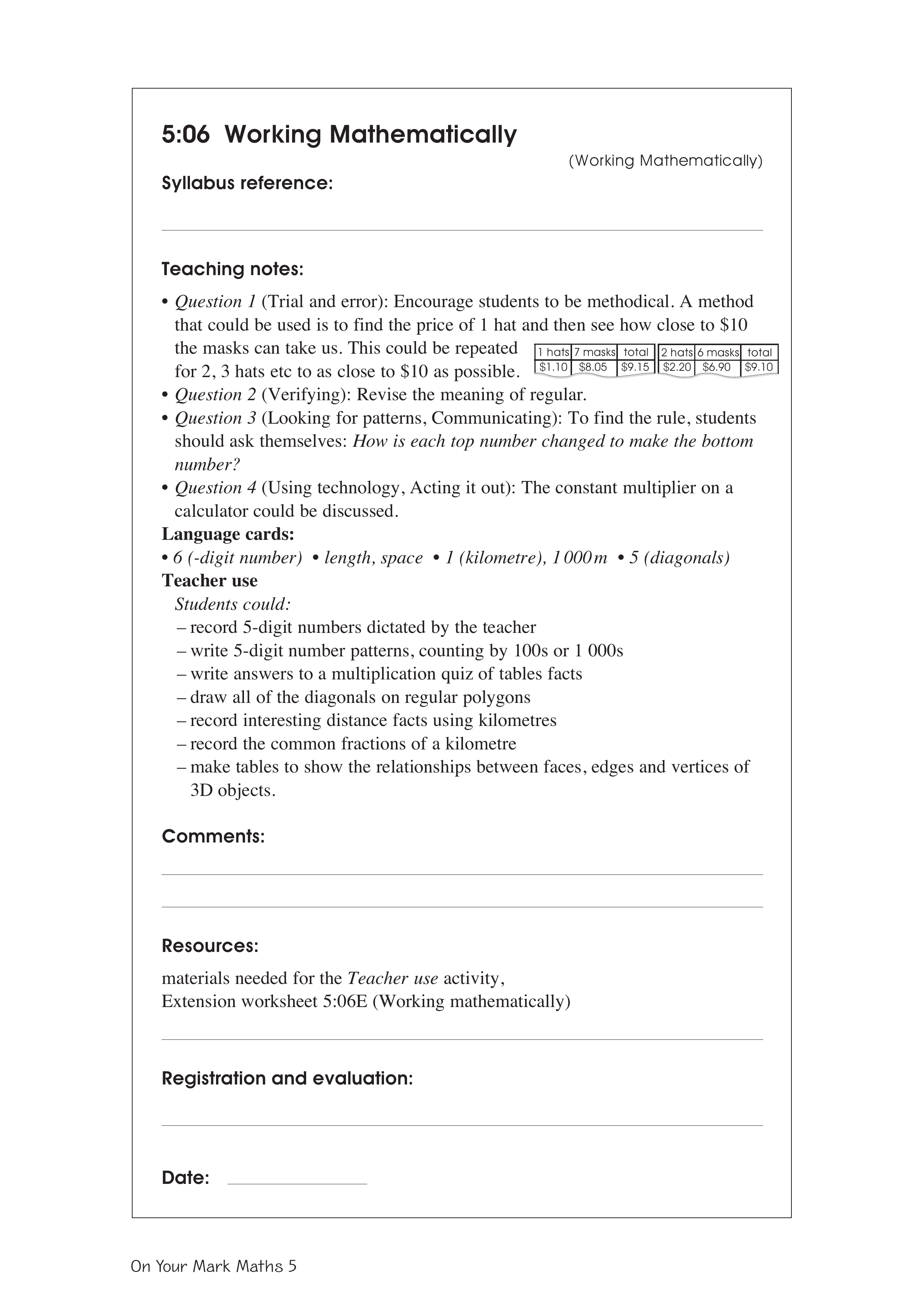 Working mathematically — worksheet preview