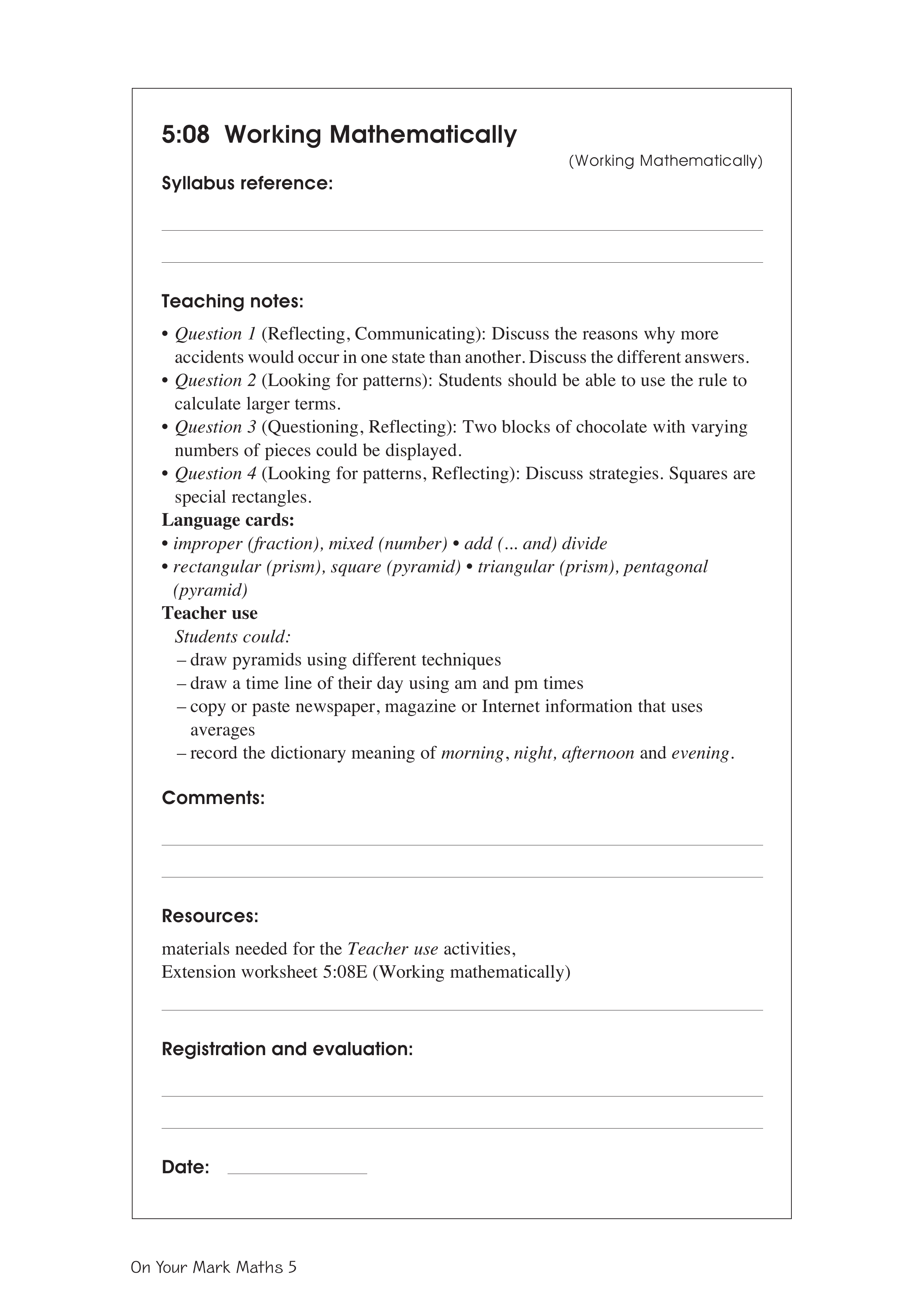 Working mathematically — worksheet preview