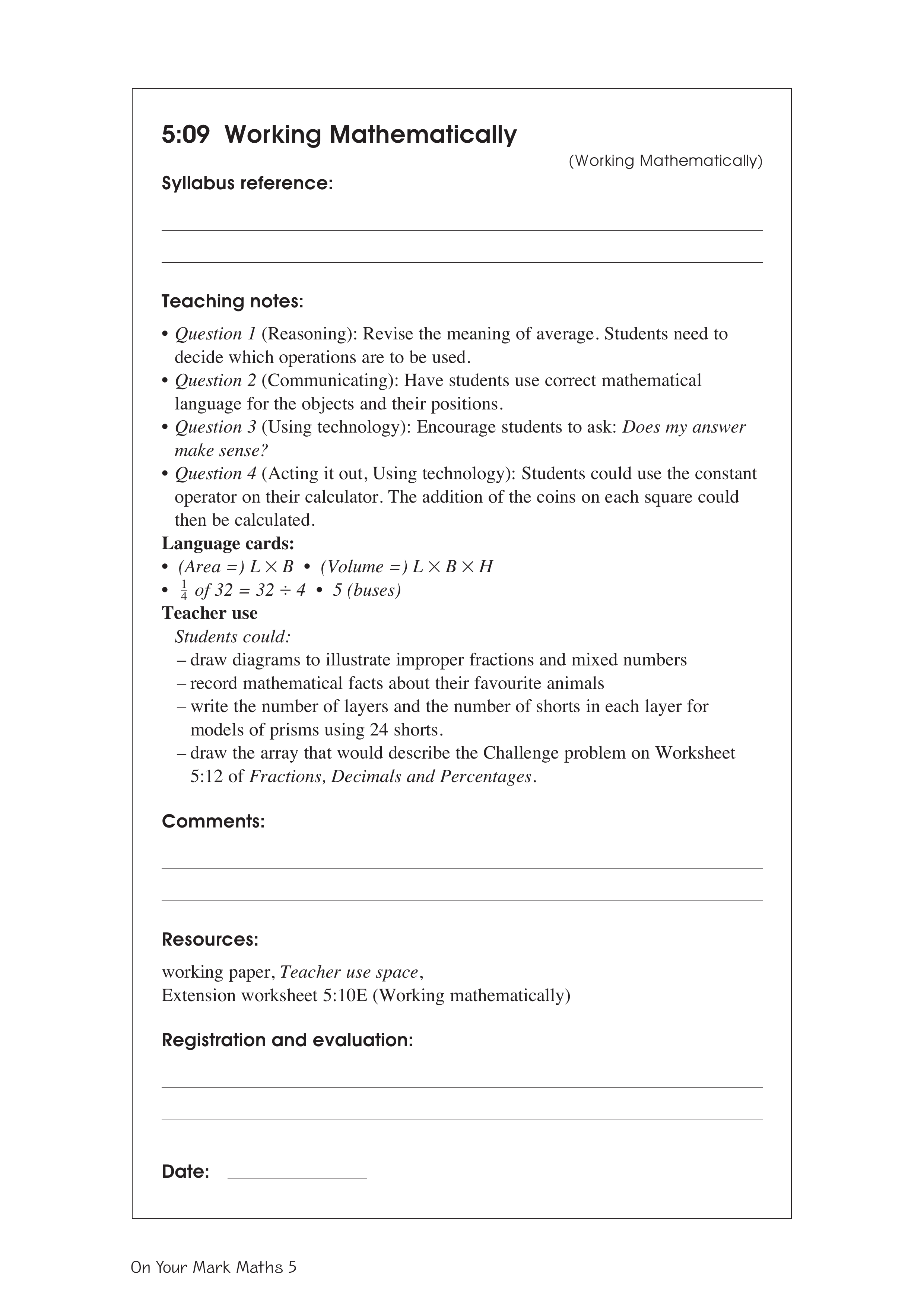 Working mathematically — worksheet preview