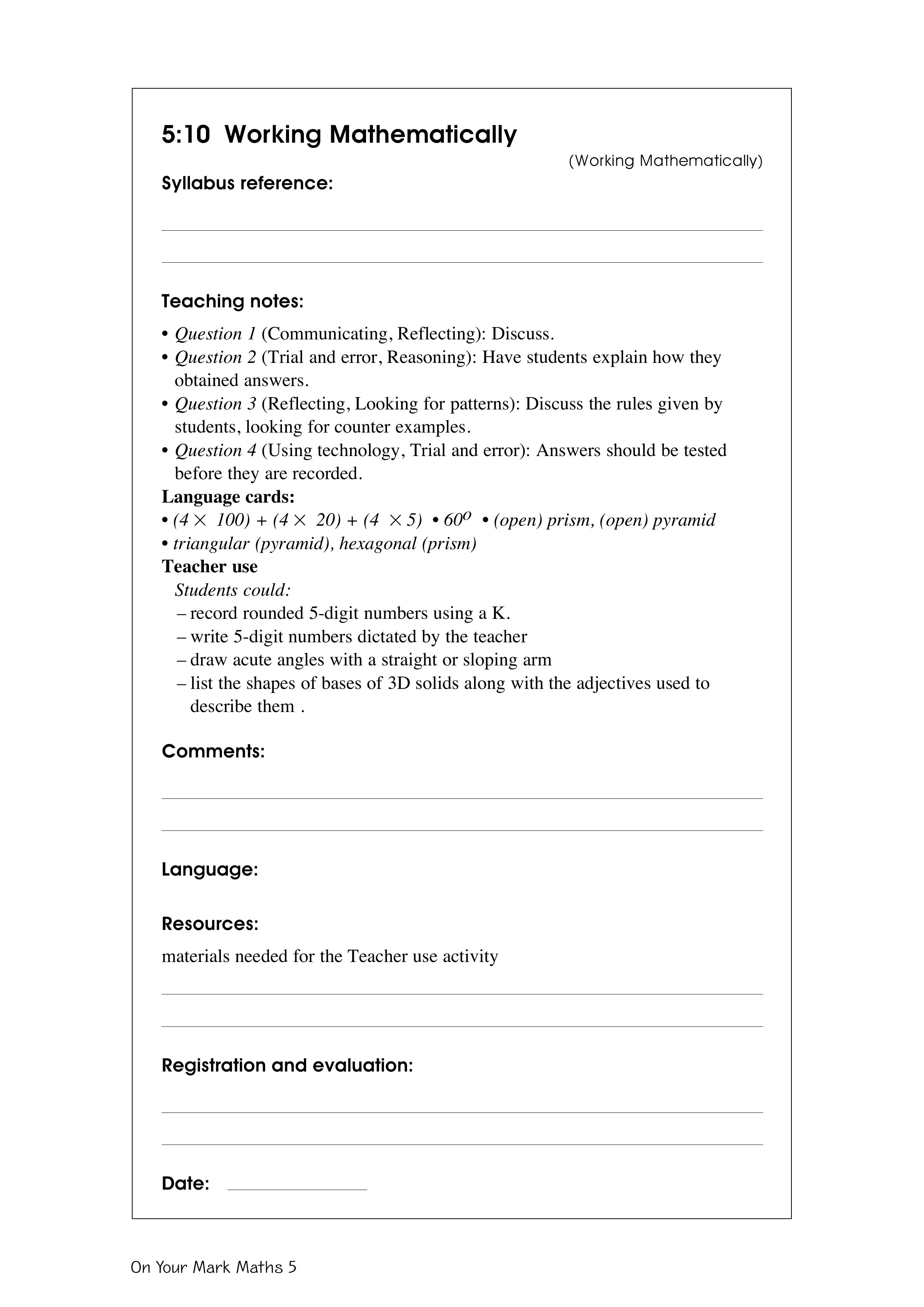 Working mathematically — worksheet preview