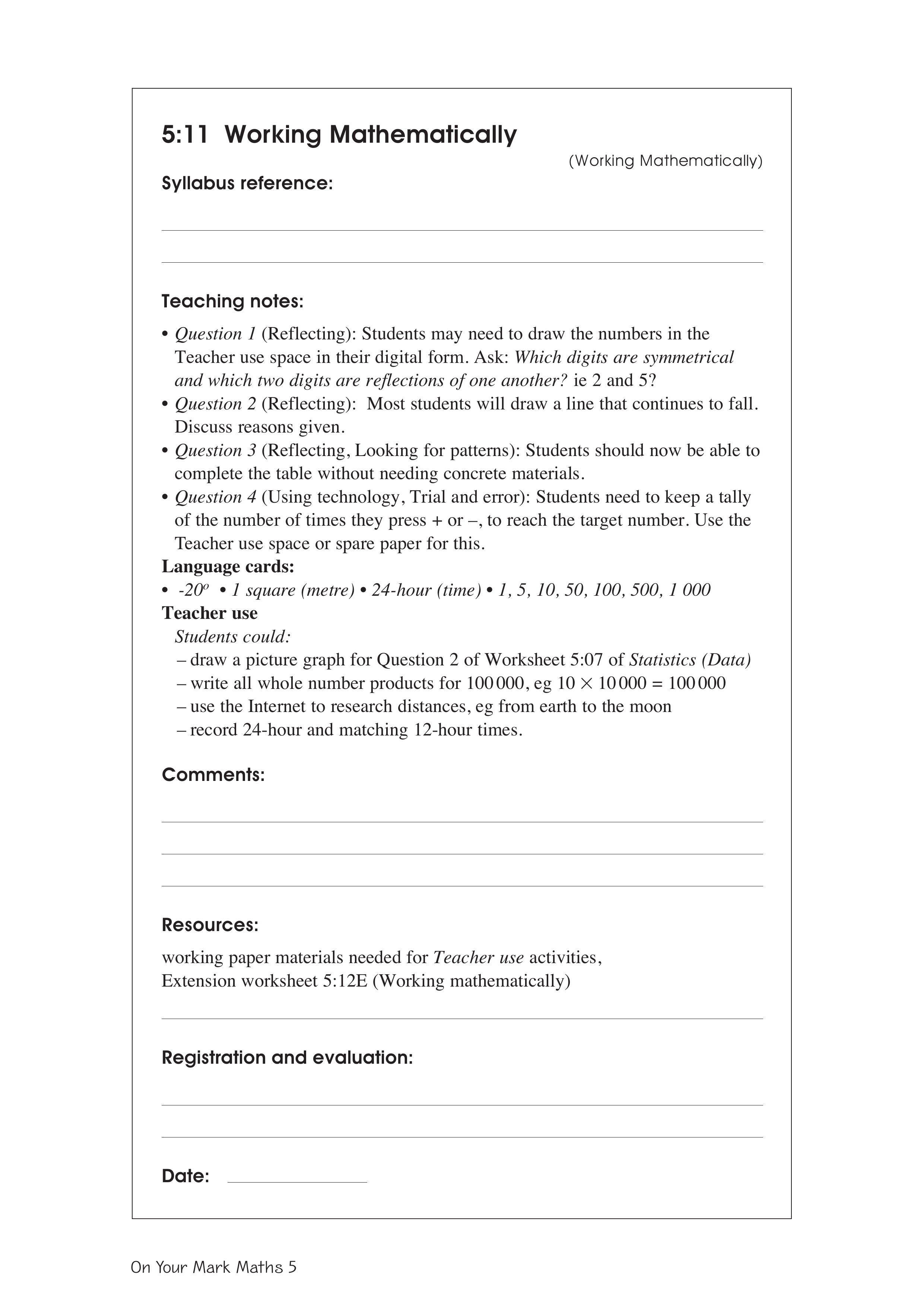 Working mathematically — worksheet preview