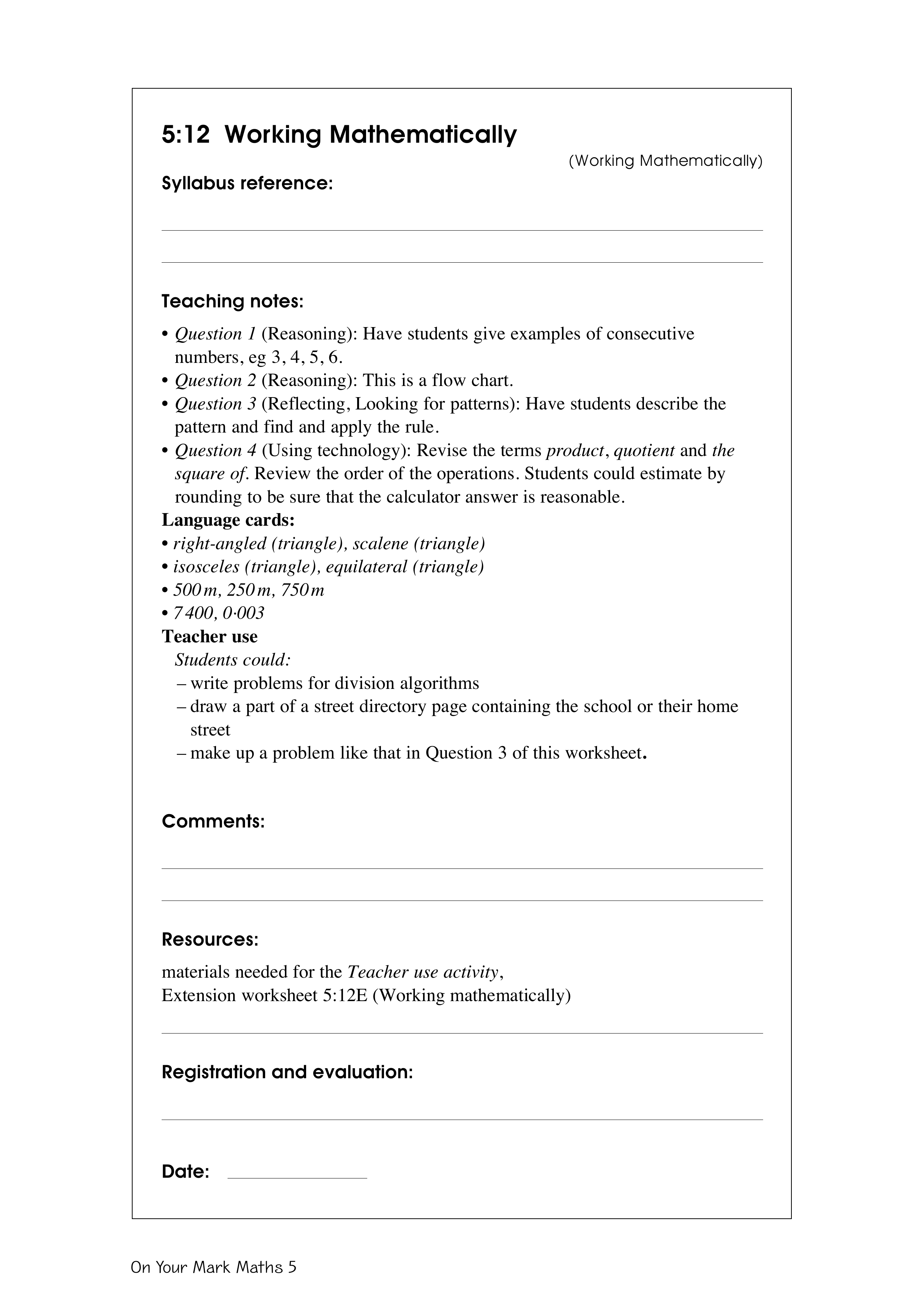 Working mathematically — worksheet preview