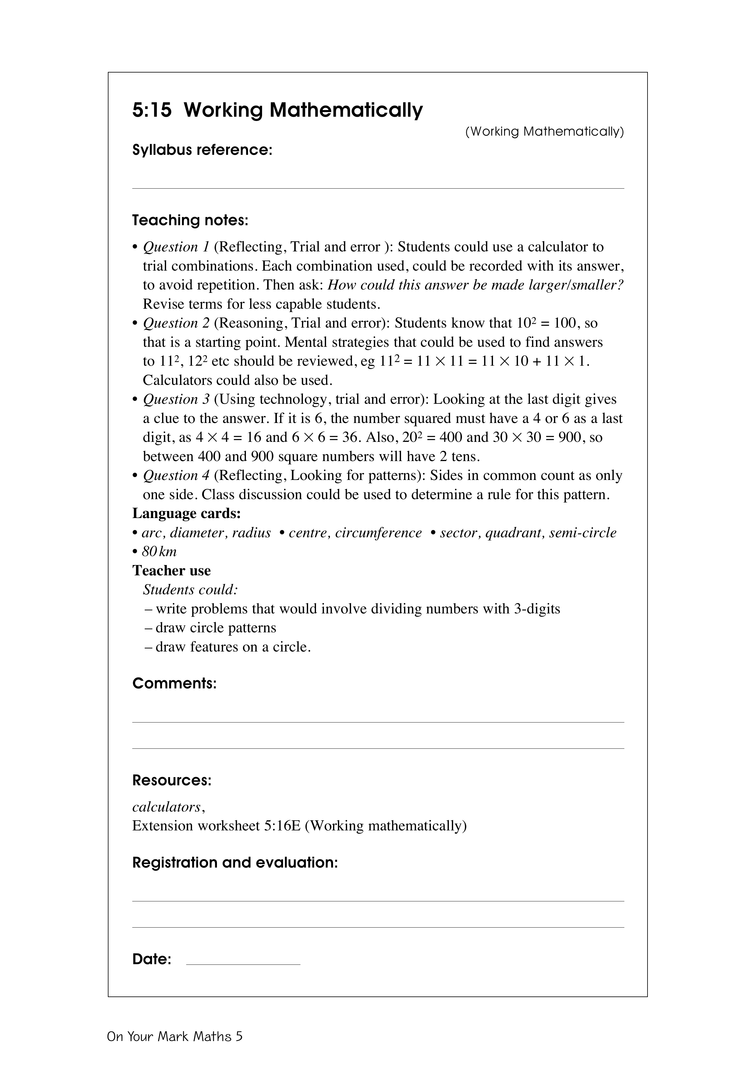 Working mathematically — worksheet preview