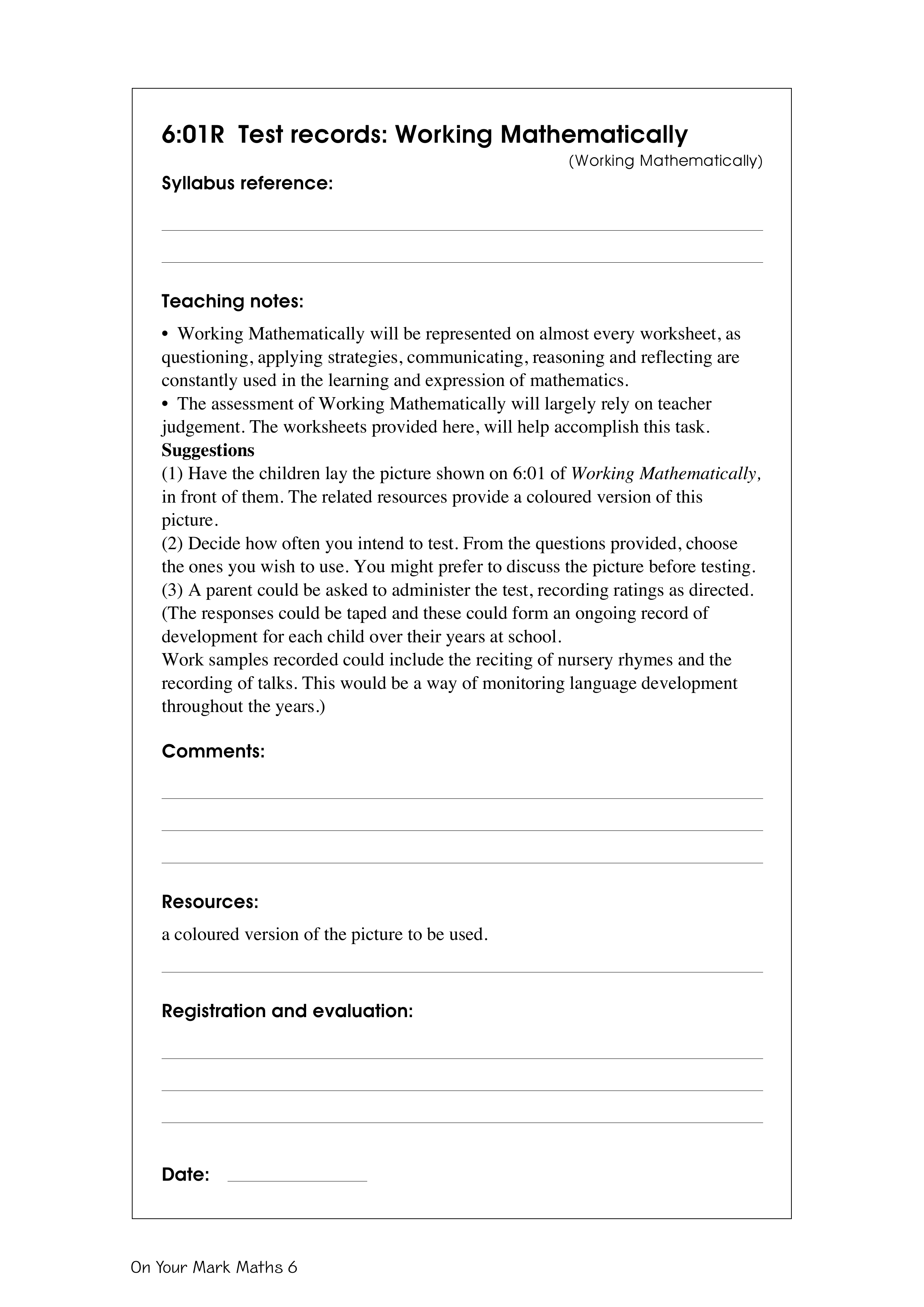 Test records: Working mathematically — worksheet preview