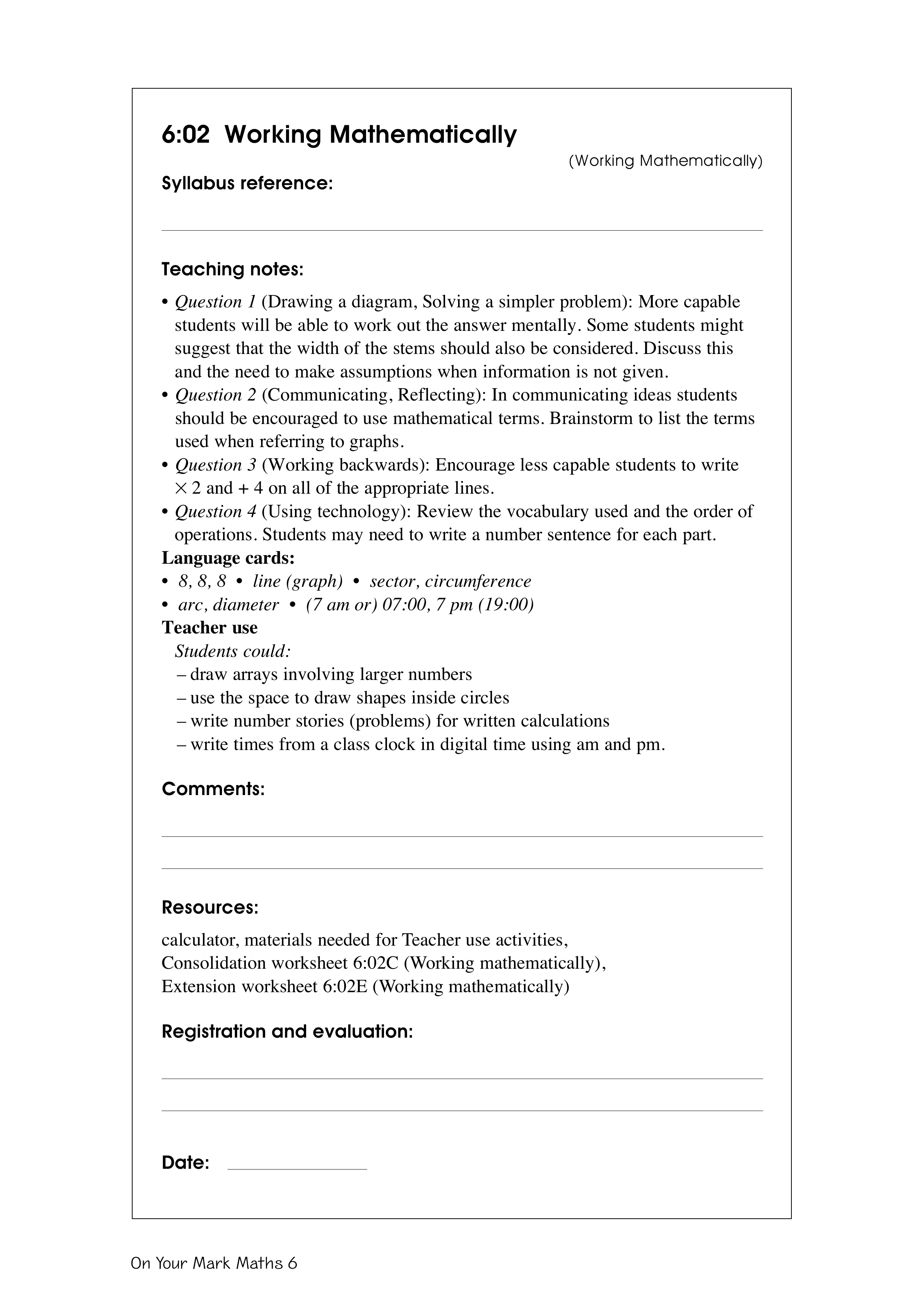 Working mathematically — worksheet preview