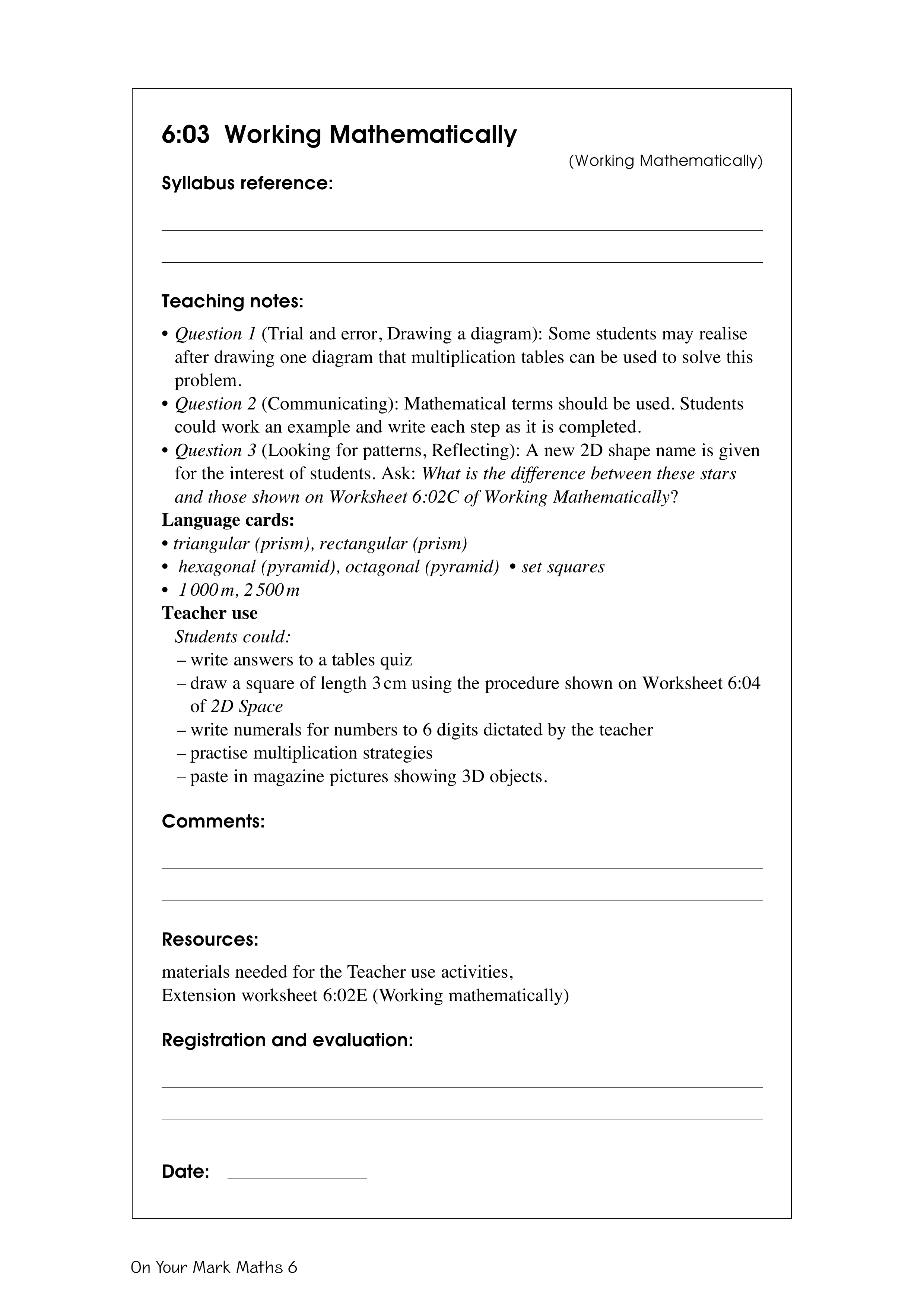 Working mathematically — worksheet preview