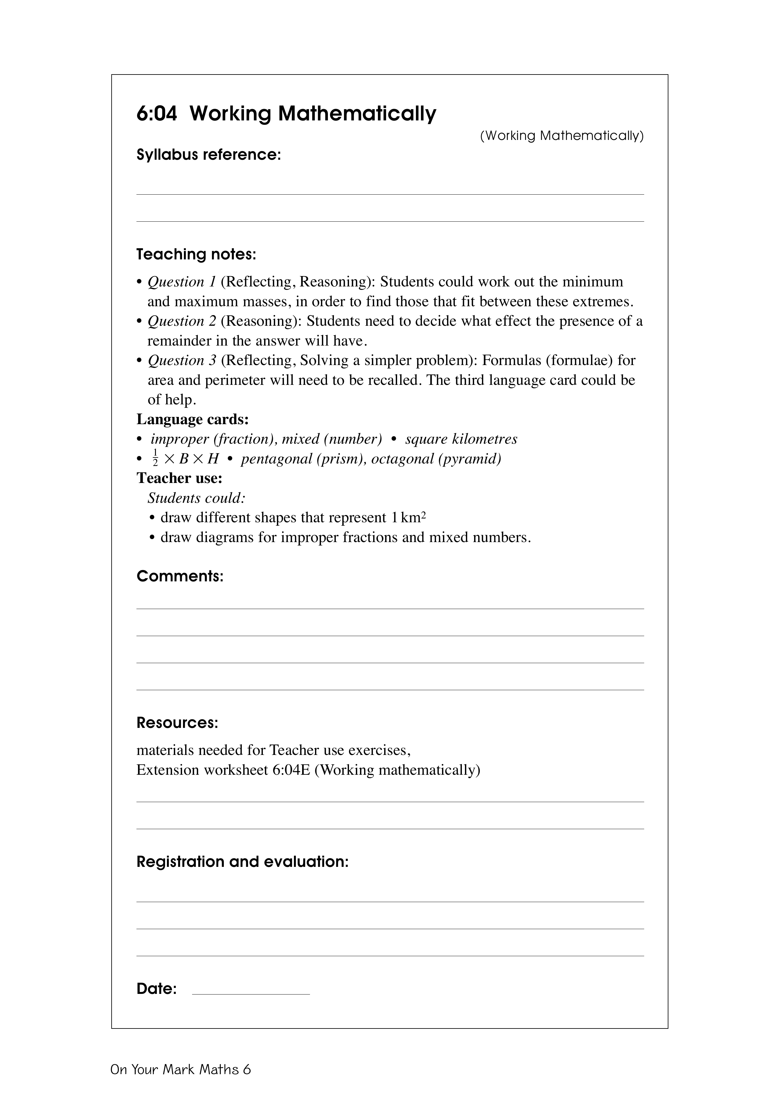 Working mathematically — worksheet preview
