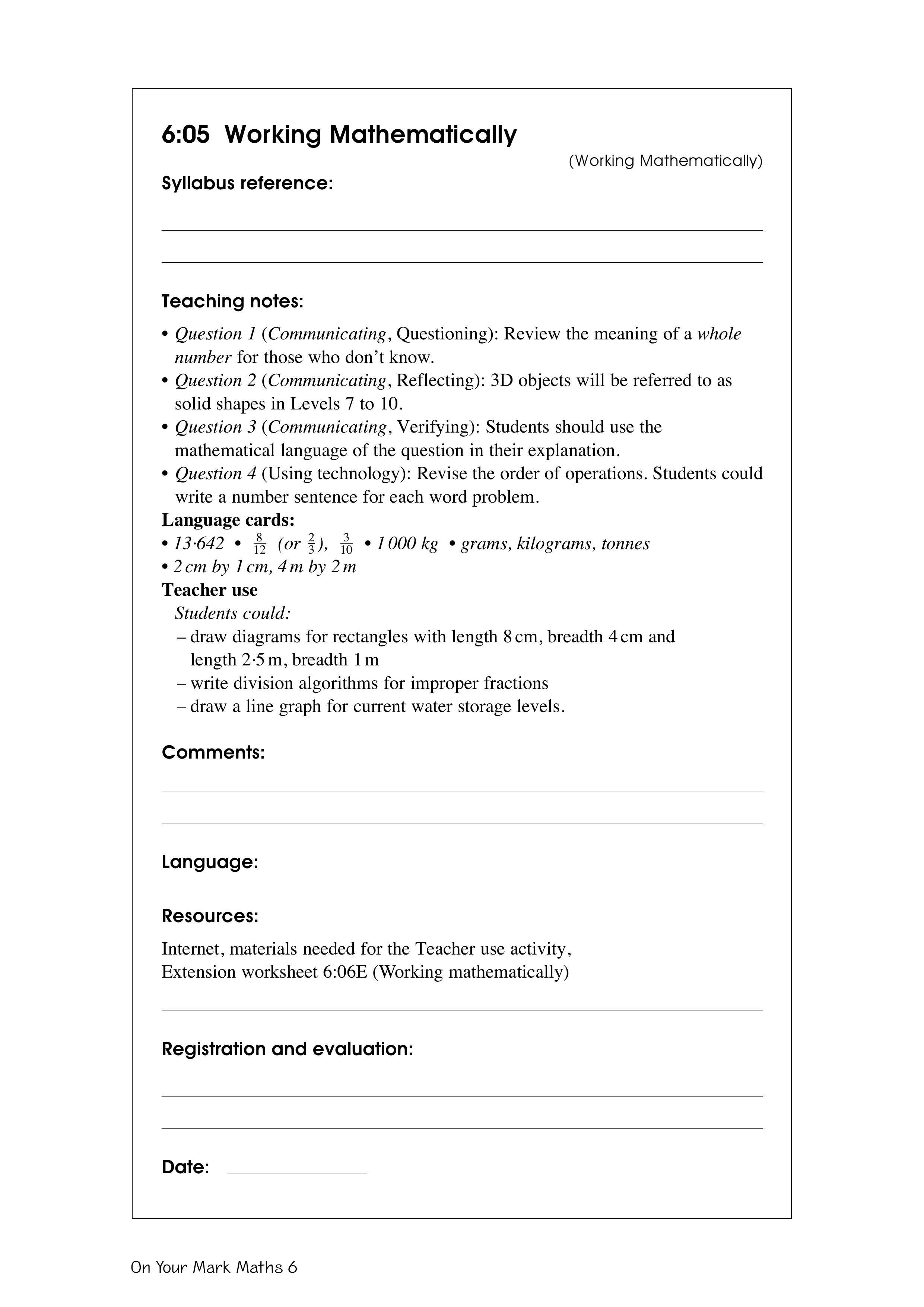 Working mathematically — worksheet preview