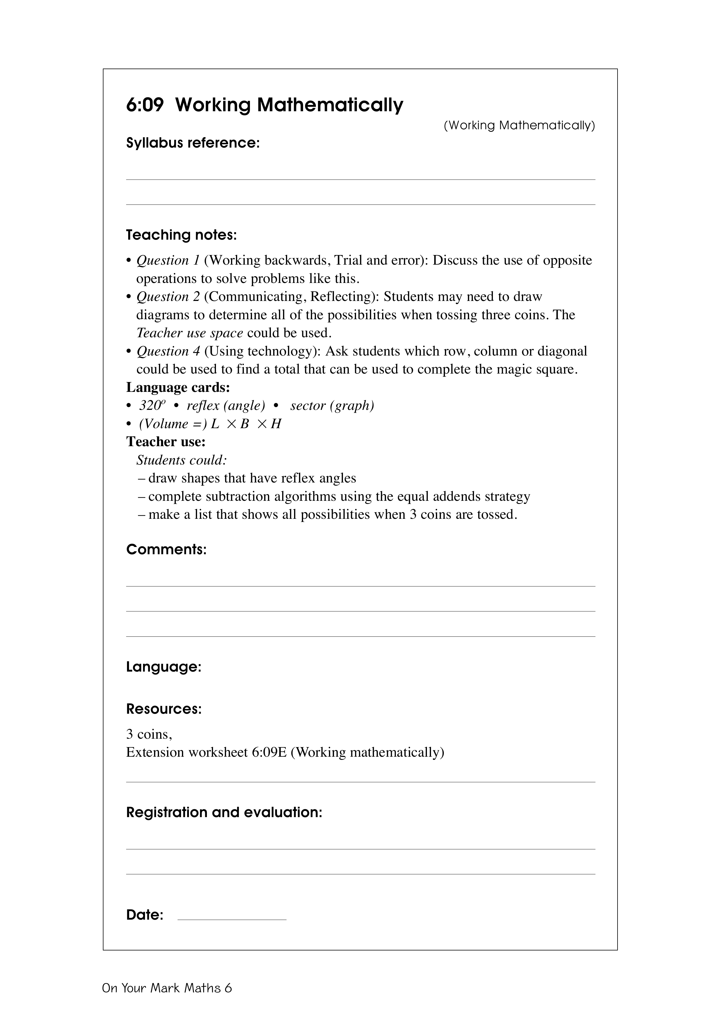 Working mathematically — worksheet preview