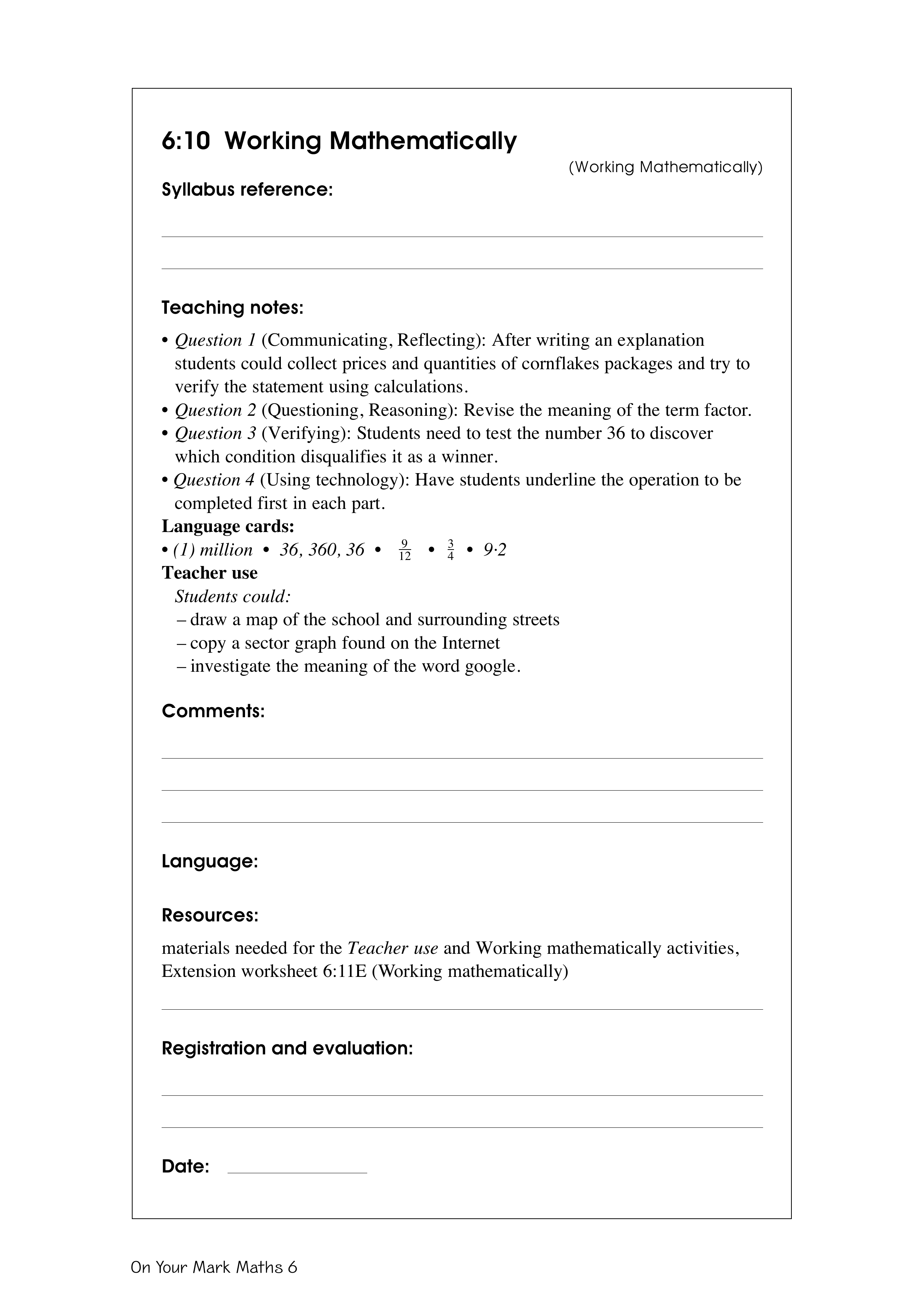 Working mathematically — worksheet preview