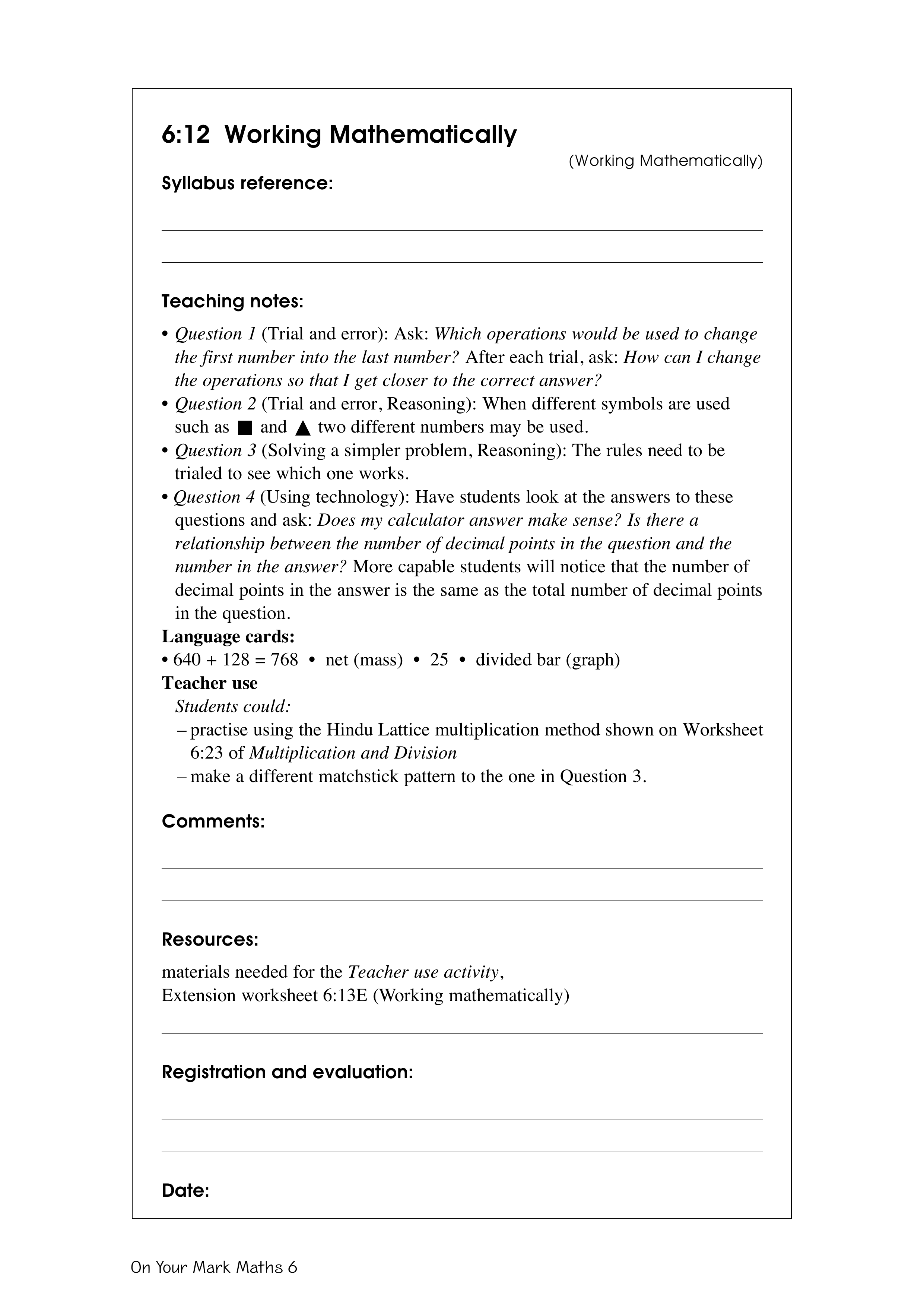 Working mathematically — worksheet preview