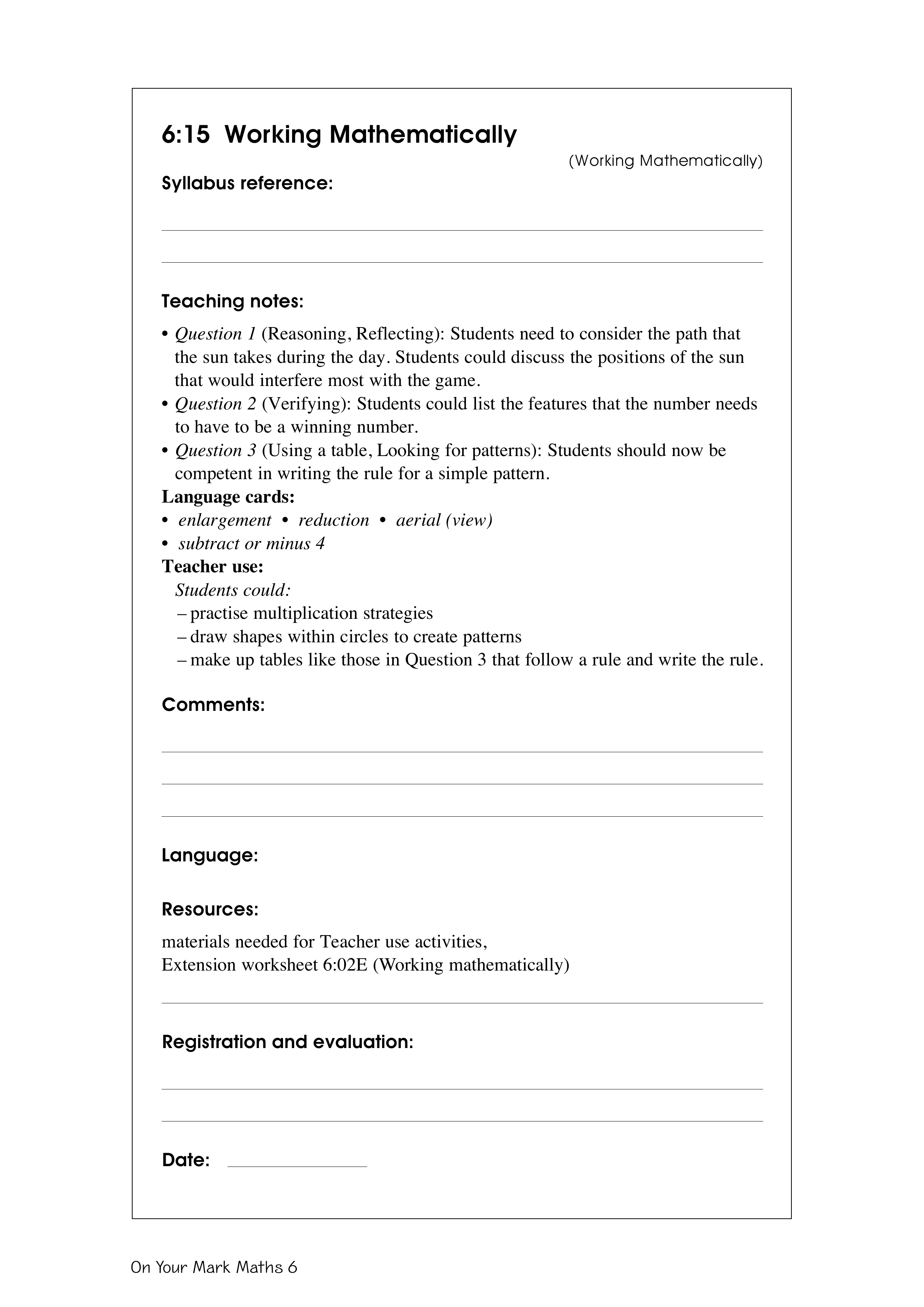 Working mathematically — worksheet preview