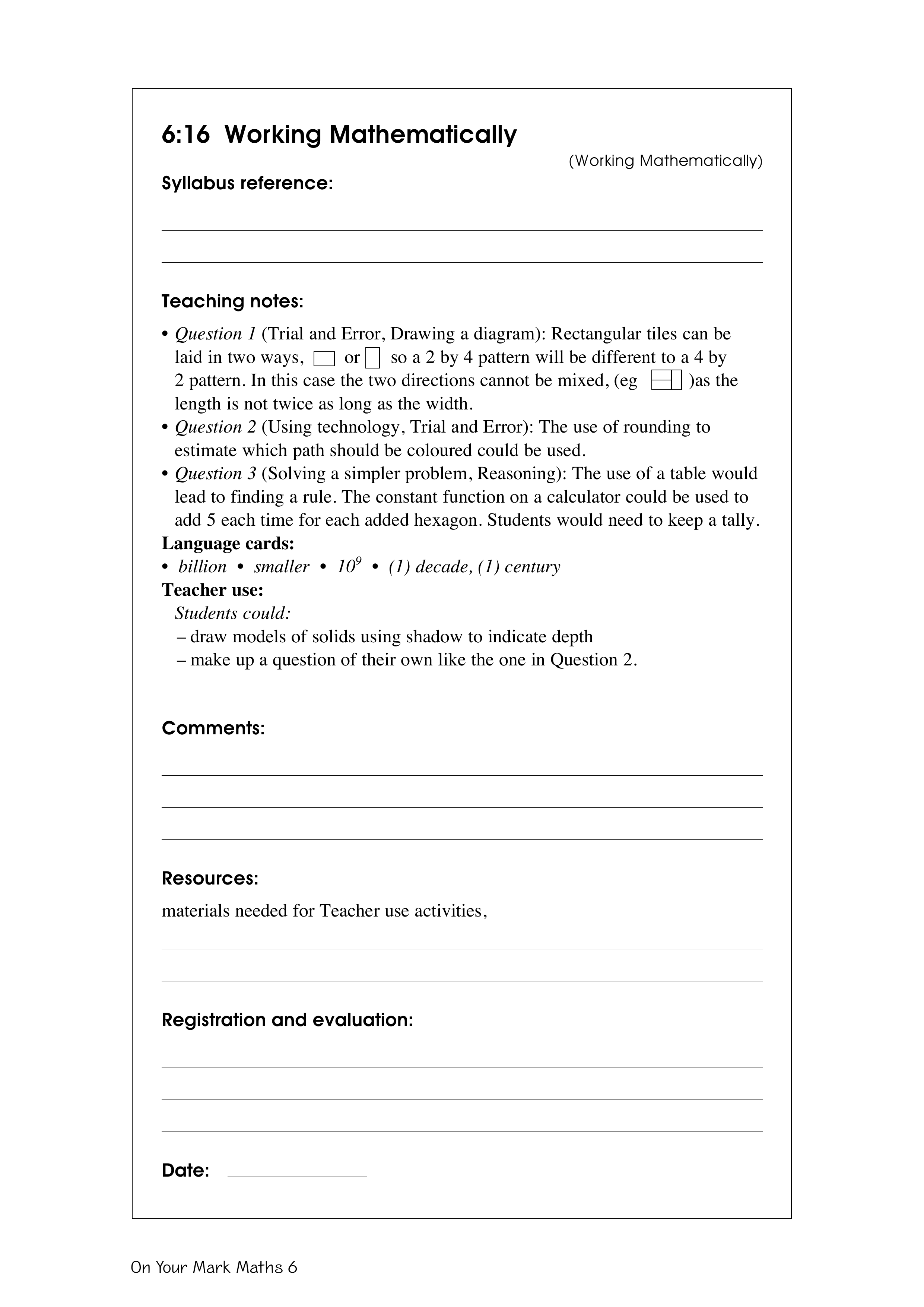 Working mathematically — worksheet preview