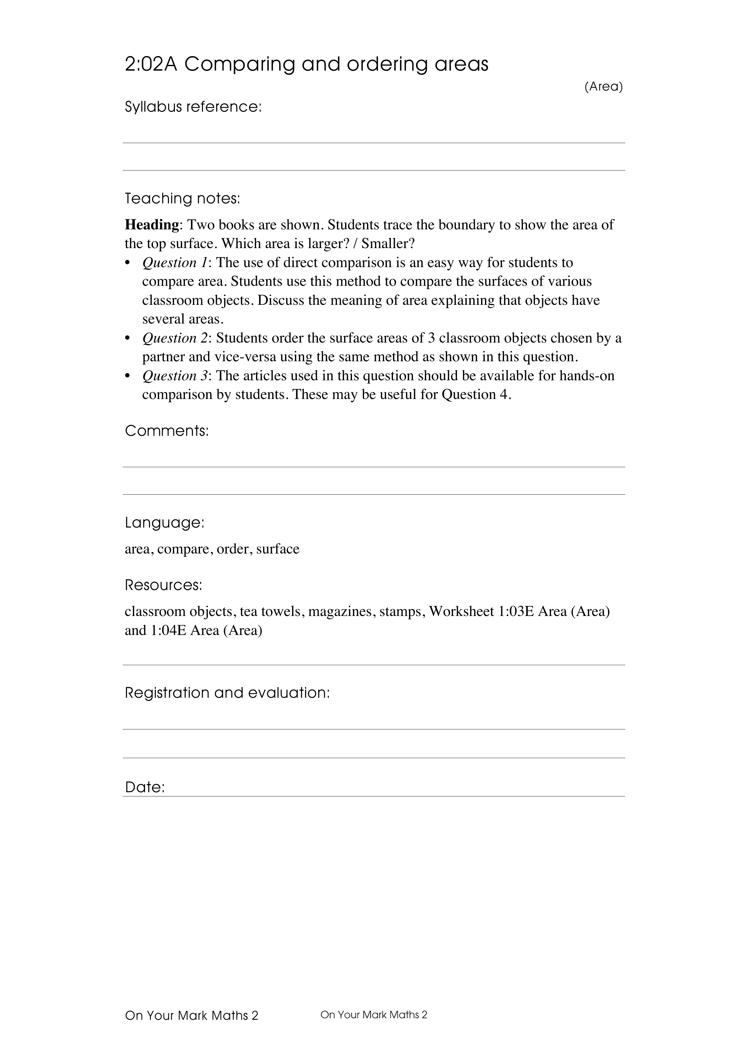 Comparing and ordering areas — worksheet preview