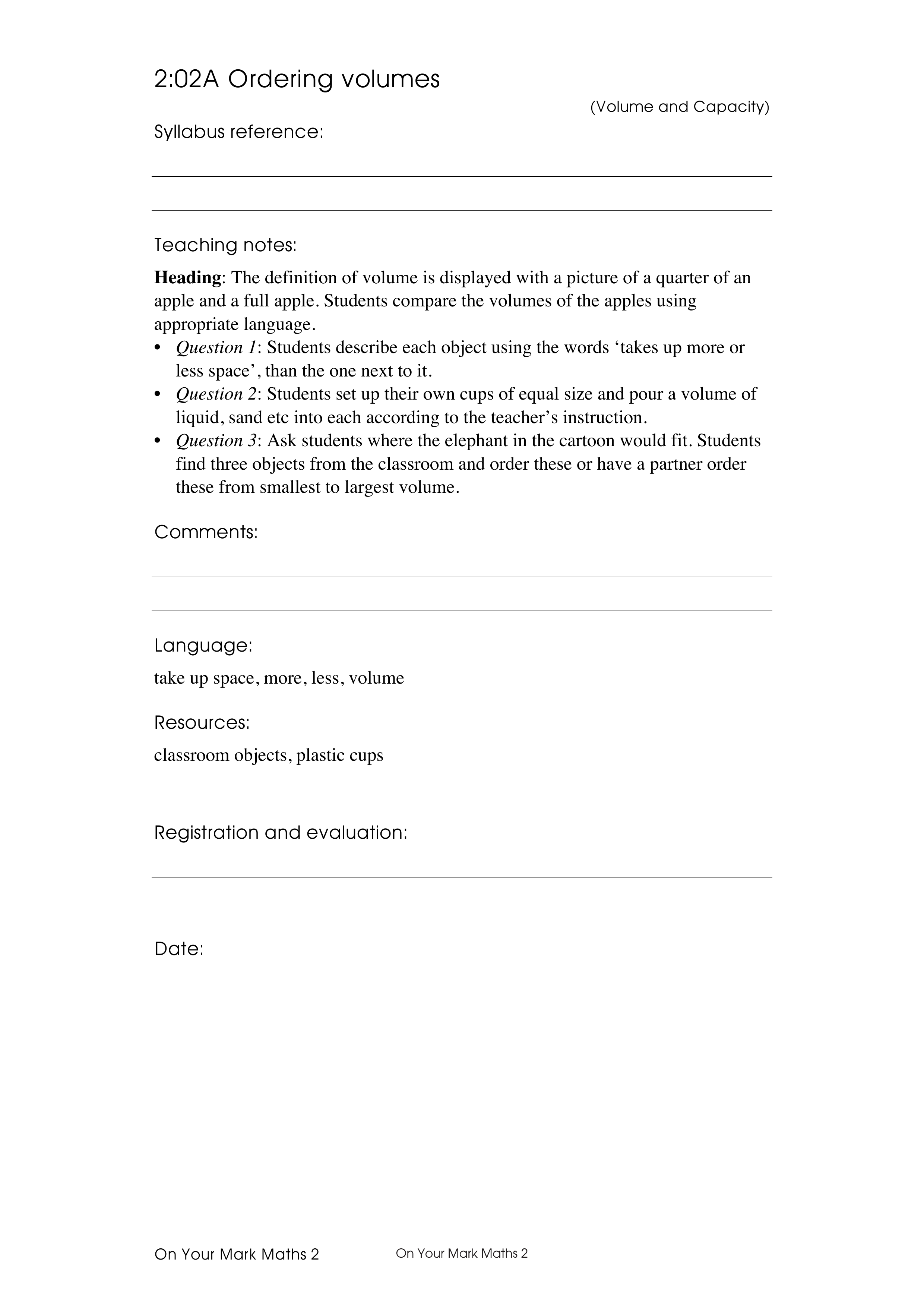 Ordering volumes — worksheet preview