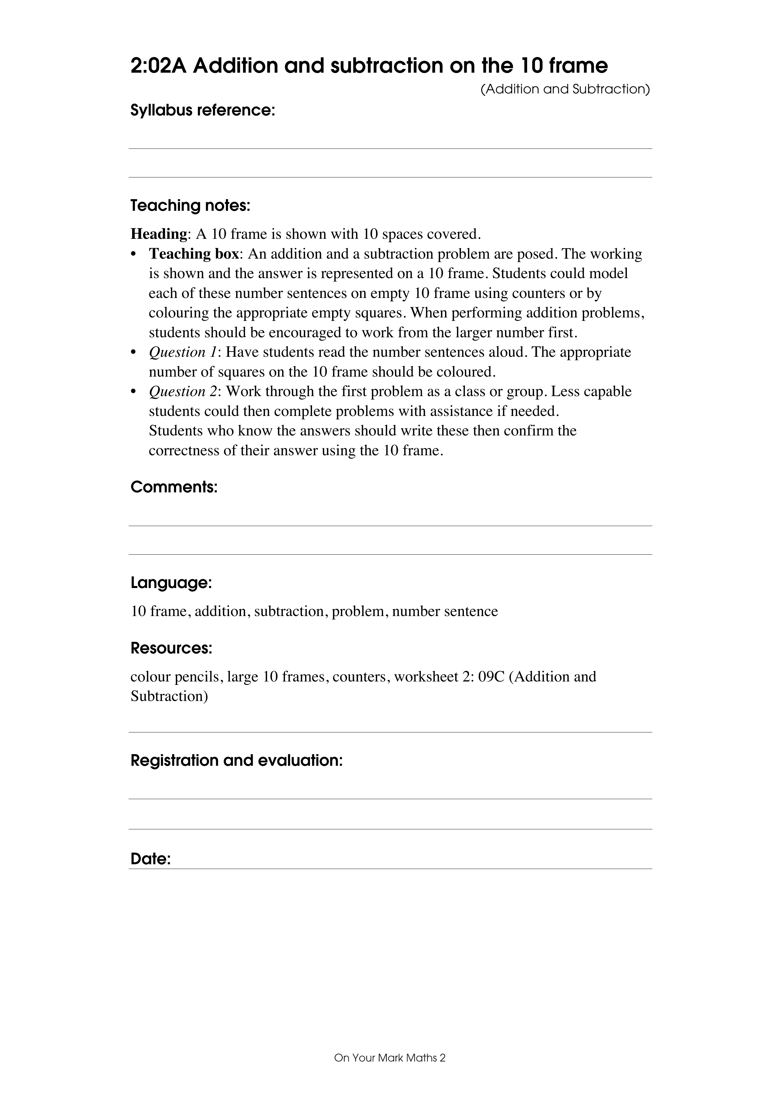 Addition and subtraction on the 10 frame — worksheet preview