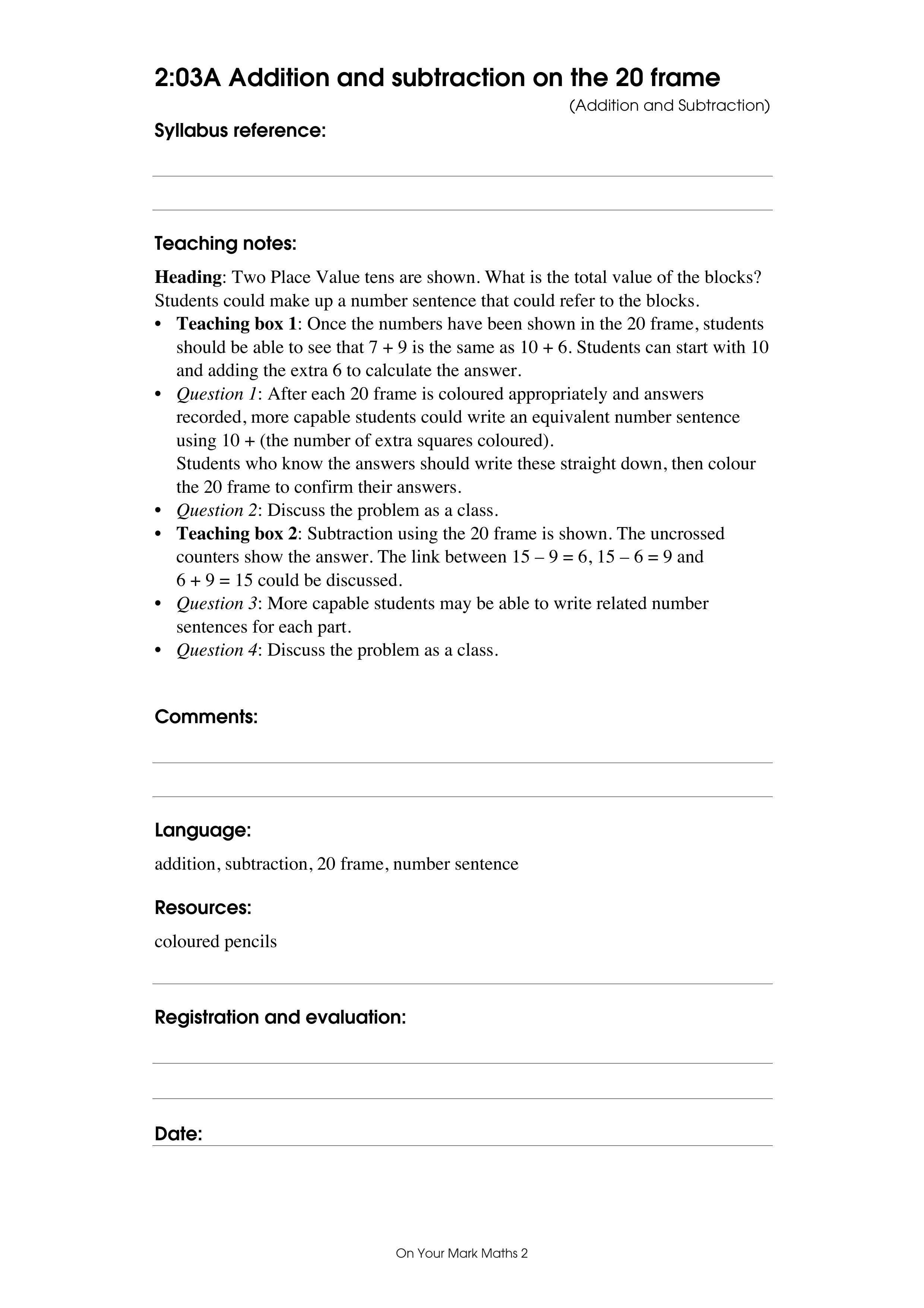 Addition and subtraction on the 20 frame — worksheet preview