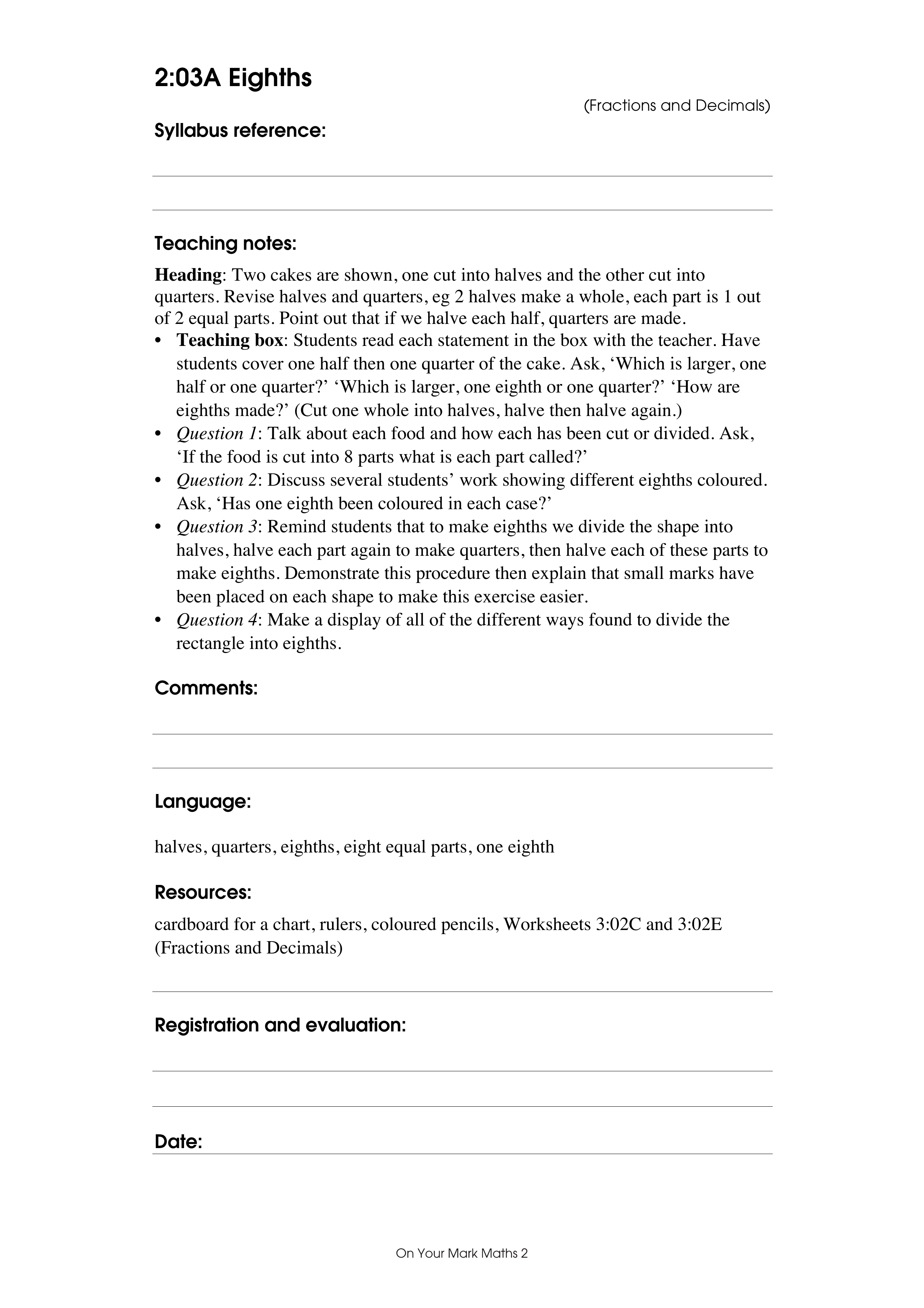Eighths — worksheet preview