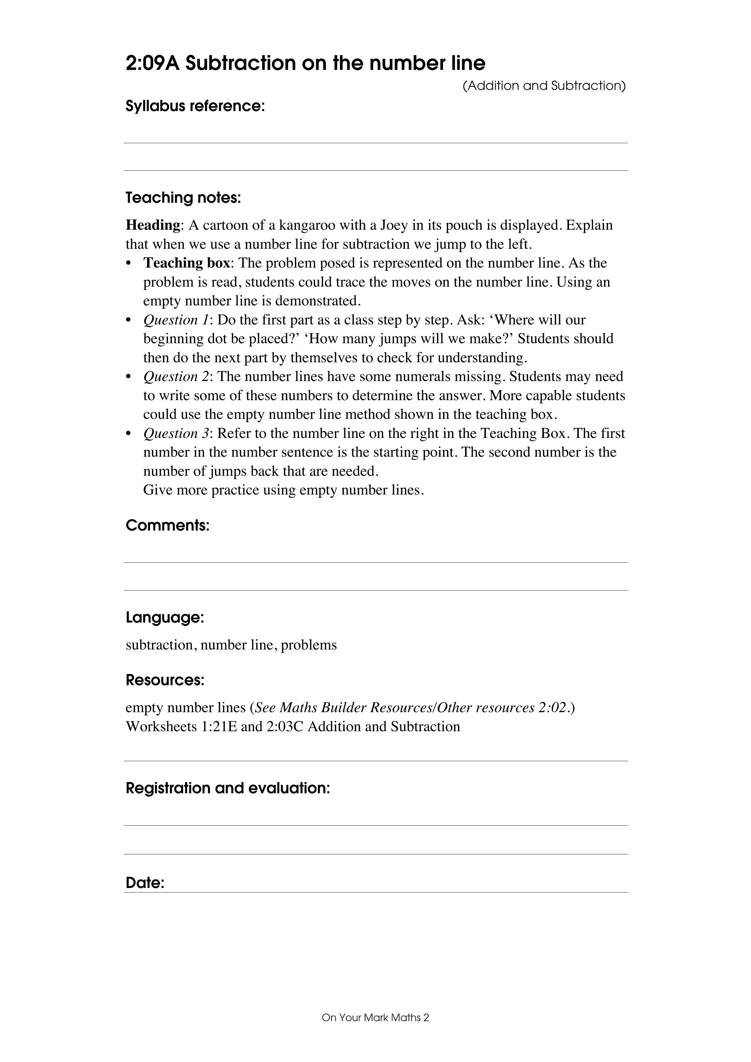 Subtraction on the number line — worksheet preview