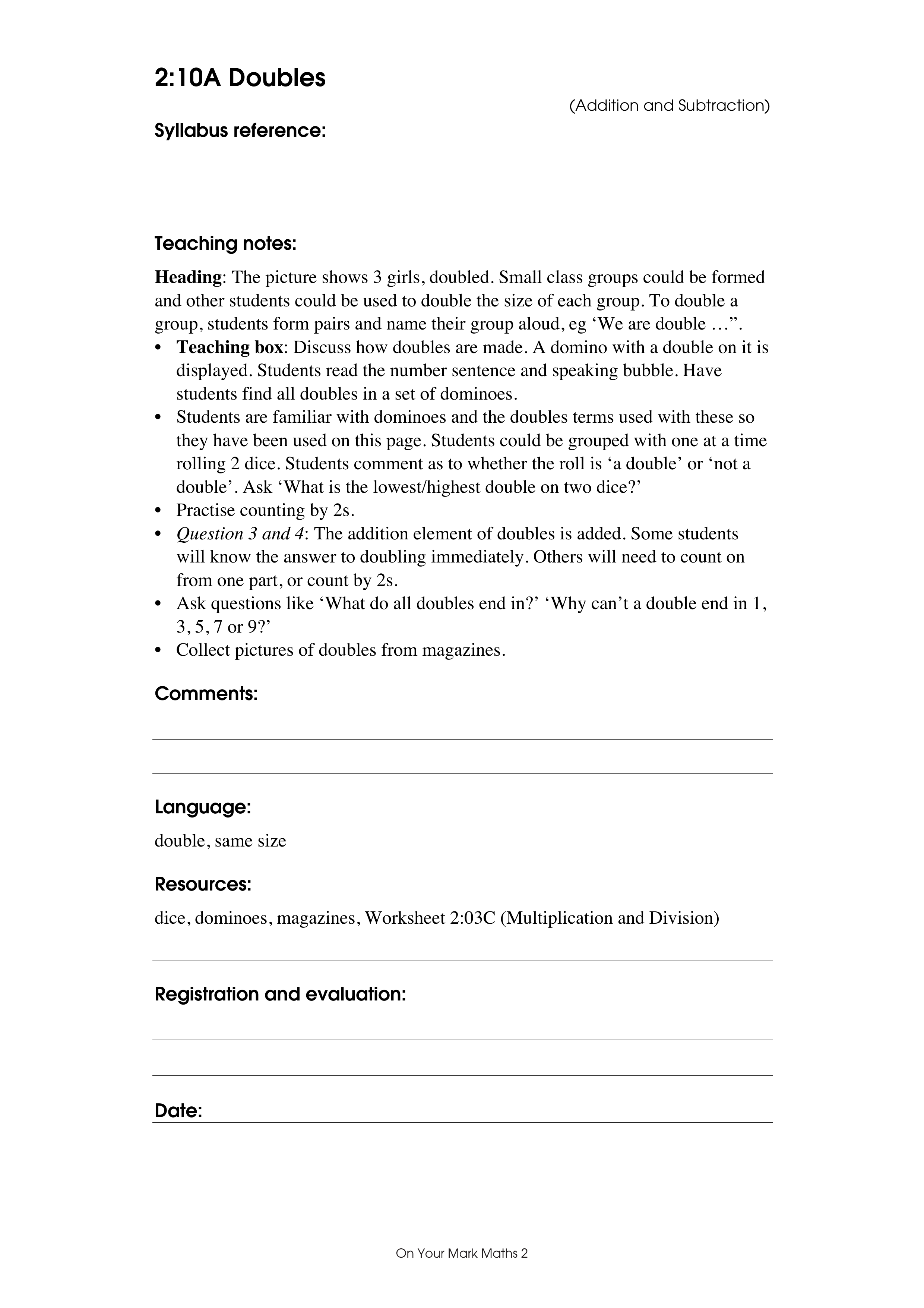 Doubles — worksheet preview
