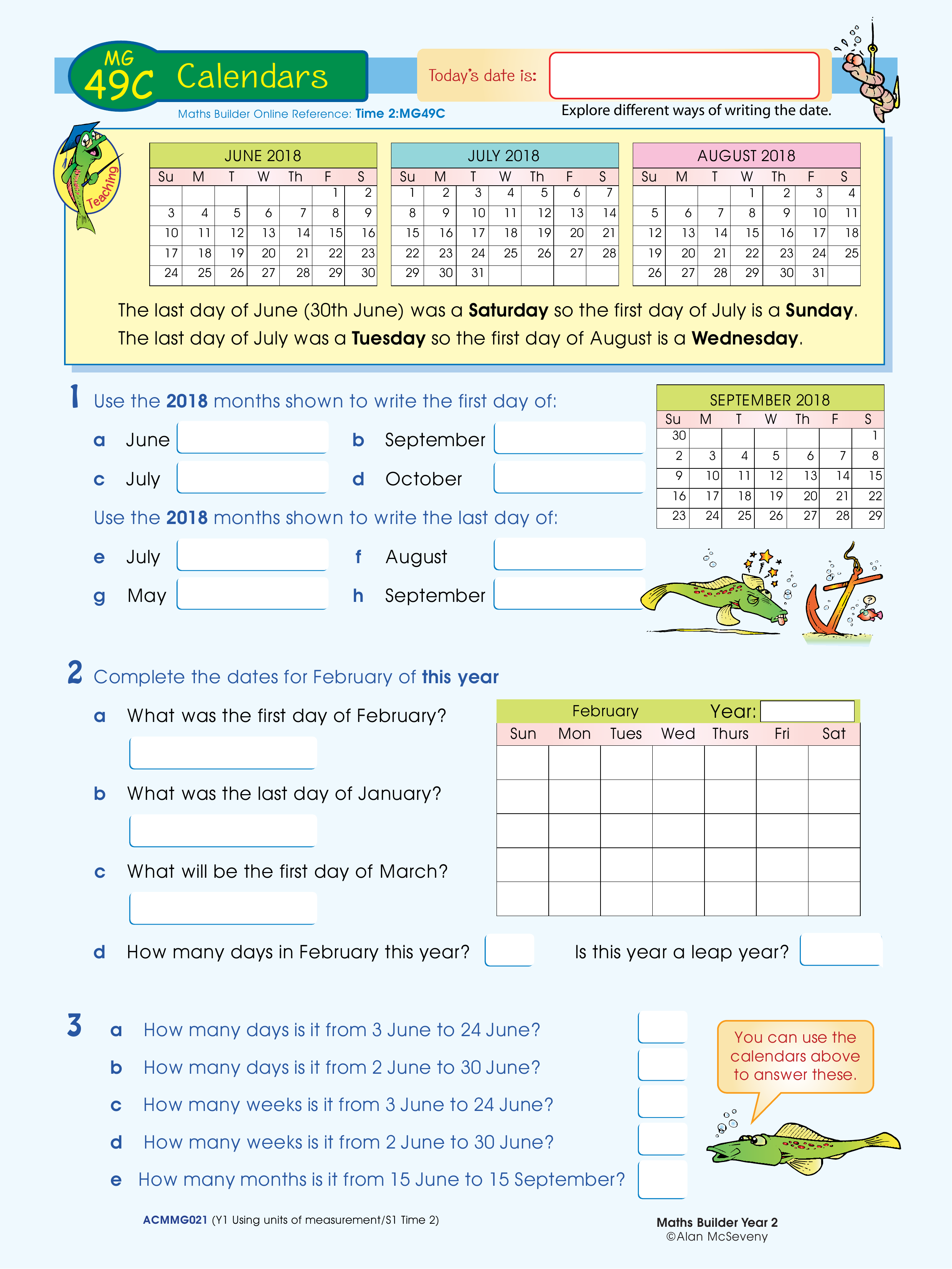 Calendars — worksheet preview
