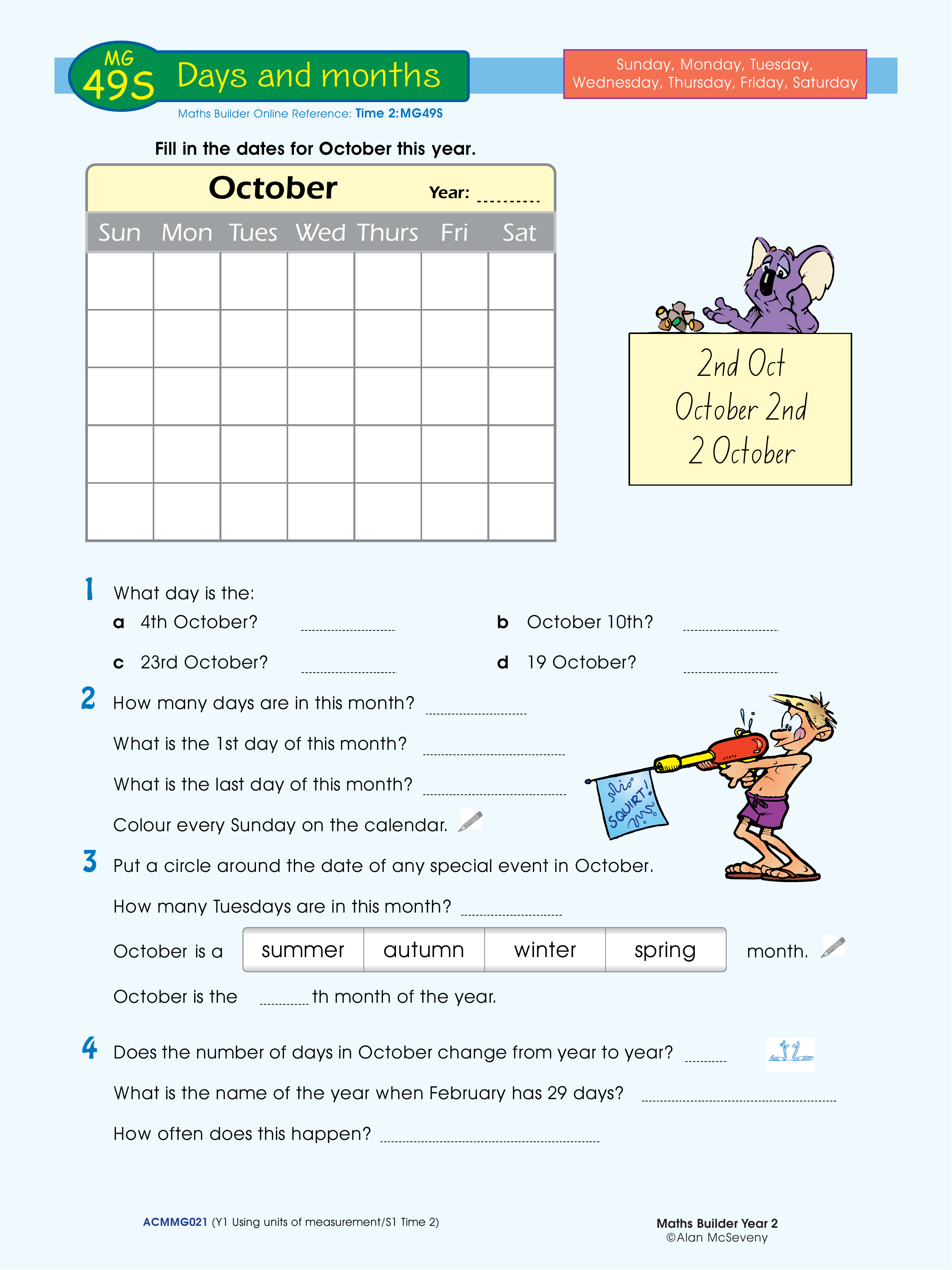 Days and months — worksheet preview