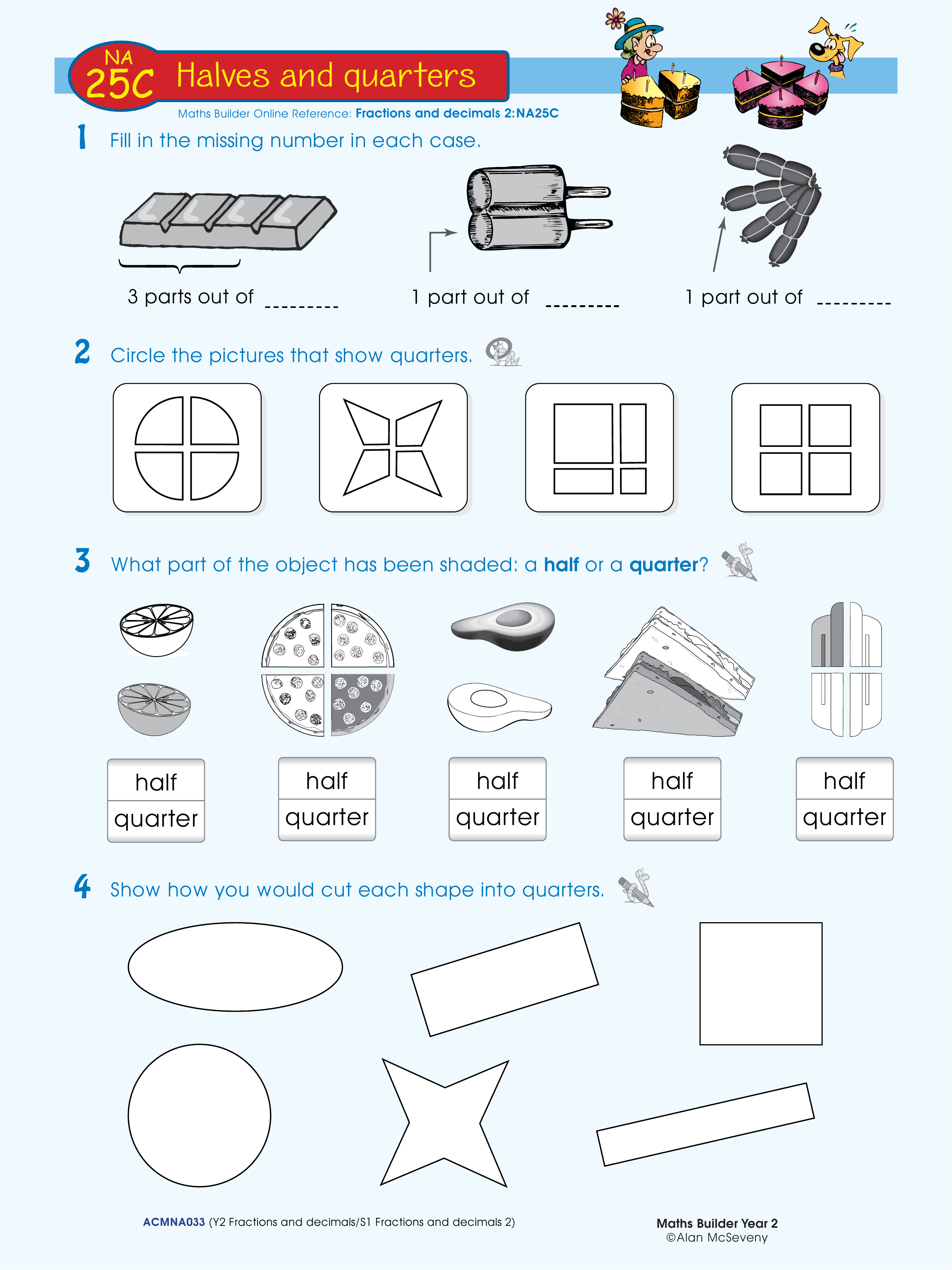 Halves and quarters — worksheet preview