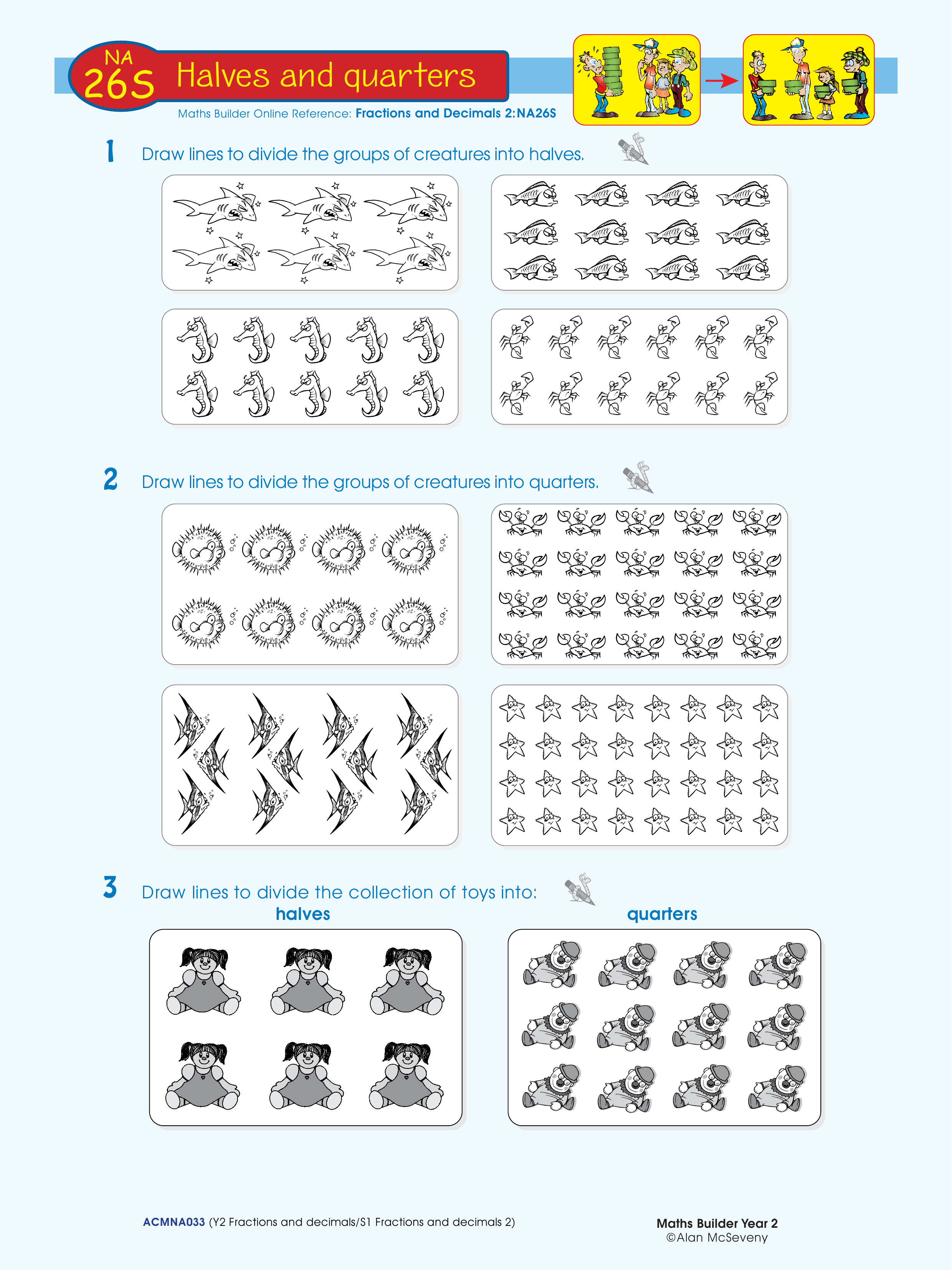 Halves and quarters — worksheet preview